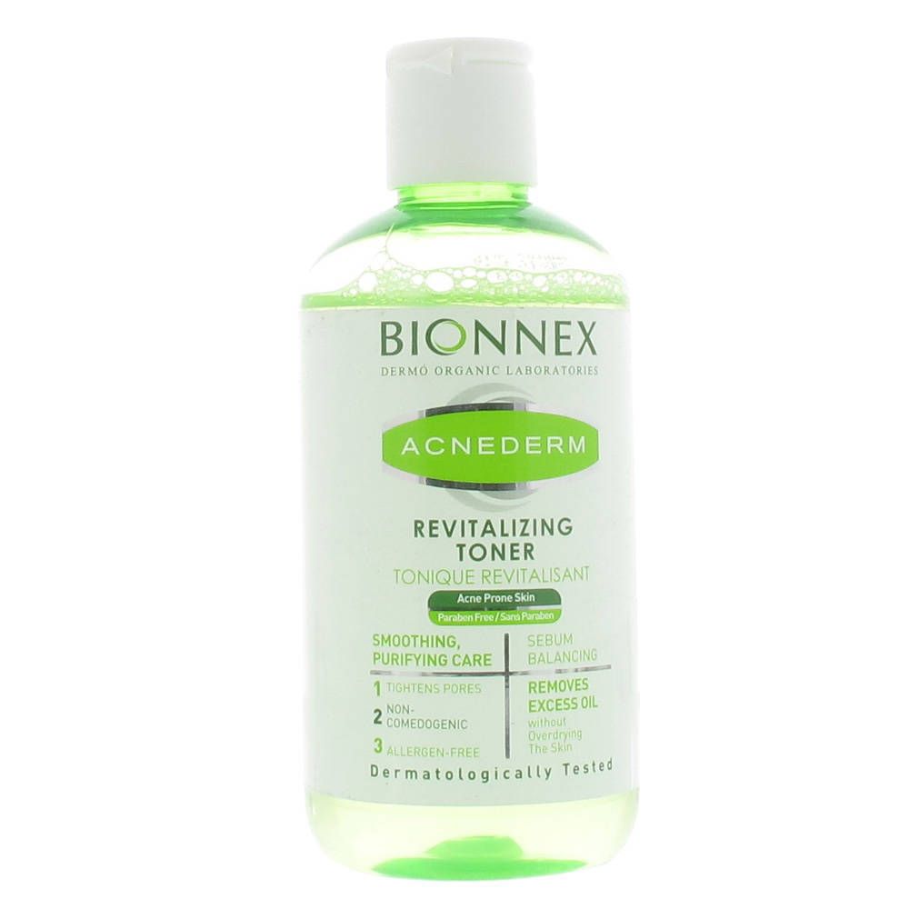 Bionnex Acnederm Revitalizing Toner. Bottiglia con liquido verdognolo. Scritte: Acnederm, Revitalizing Toner. Per pelli a tendenza acneica.