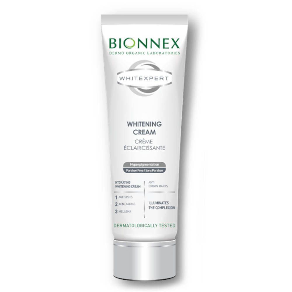 Tubo bianco Bionnex Whitexpert Whitening Cream. Scritte: Whitening Cream, Crème Éclaircissante. Testato dermatologicamente. Ingredienti e benefici.
