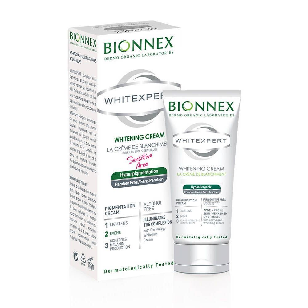 Bionnex Whitexpert Whitening Cream Sensitive. Tubo e scatola. Testo: Whitening Cream, Sensitive Area, Senza Parabeni. Dermatologicamente testato.