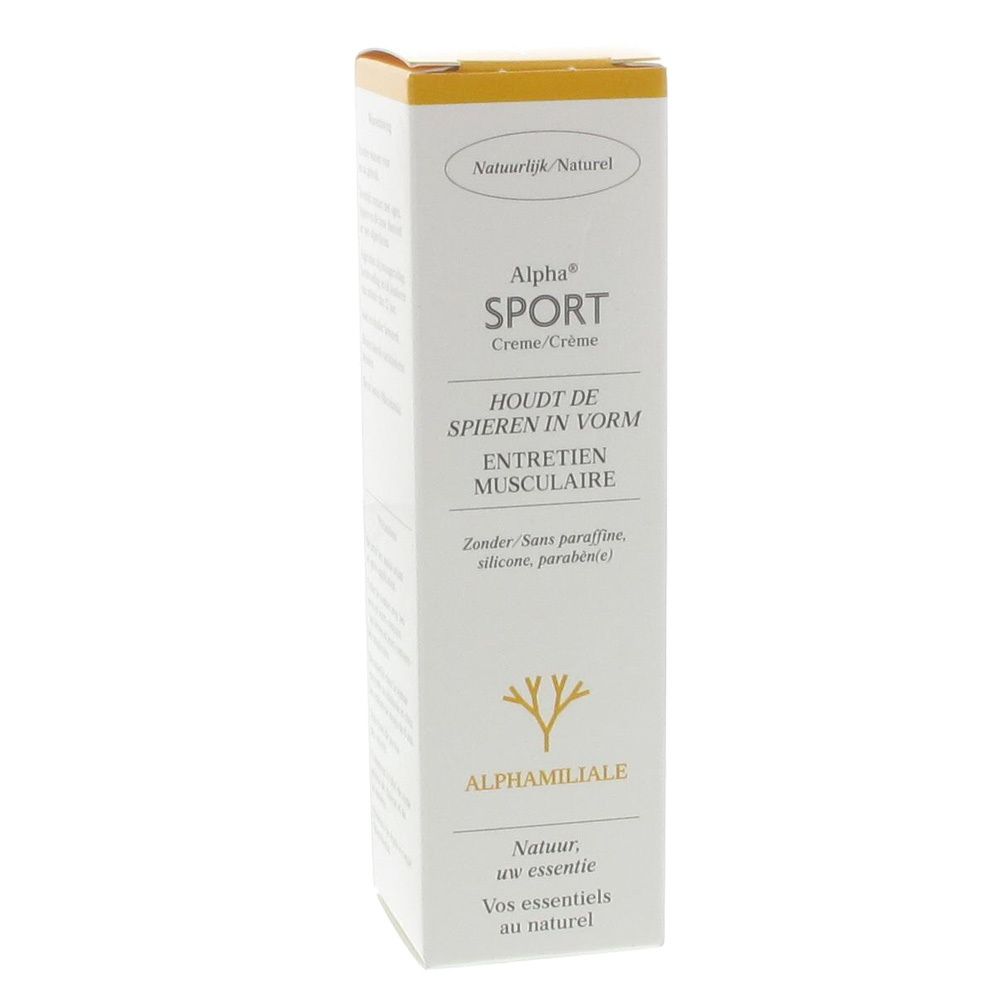Scatola bianca con coperchio giallo. Scritta: Alpha Sport Creme/Crème. Testo in olandese e francese. Logo: albero.