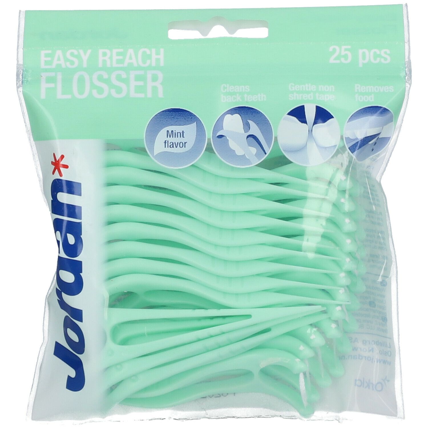 Confezione di flosser. Flosser verdognoli in busta trasparente. Scritta: Easy Reach Flosser, 25 pezzi, Mint flavor.