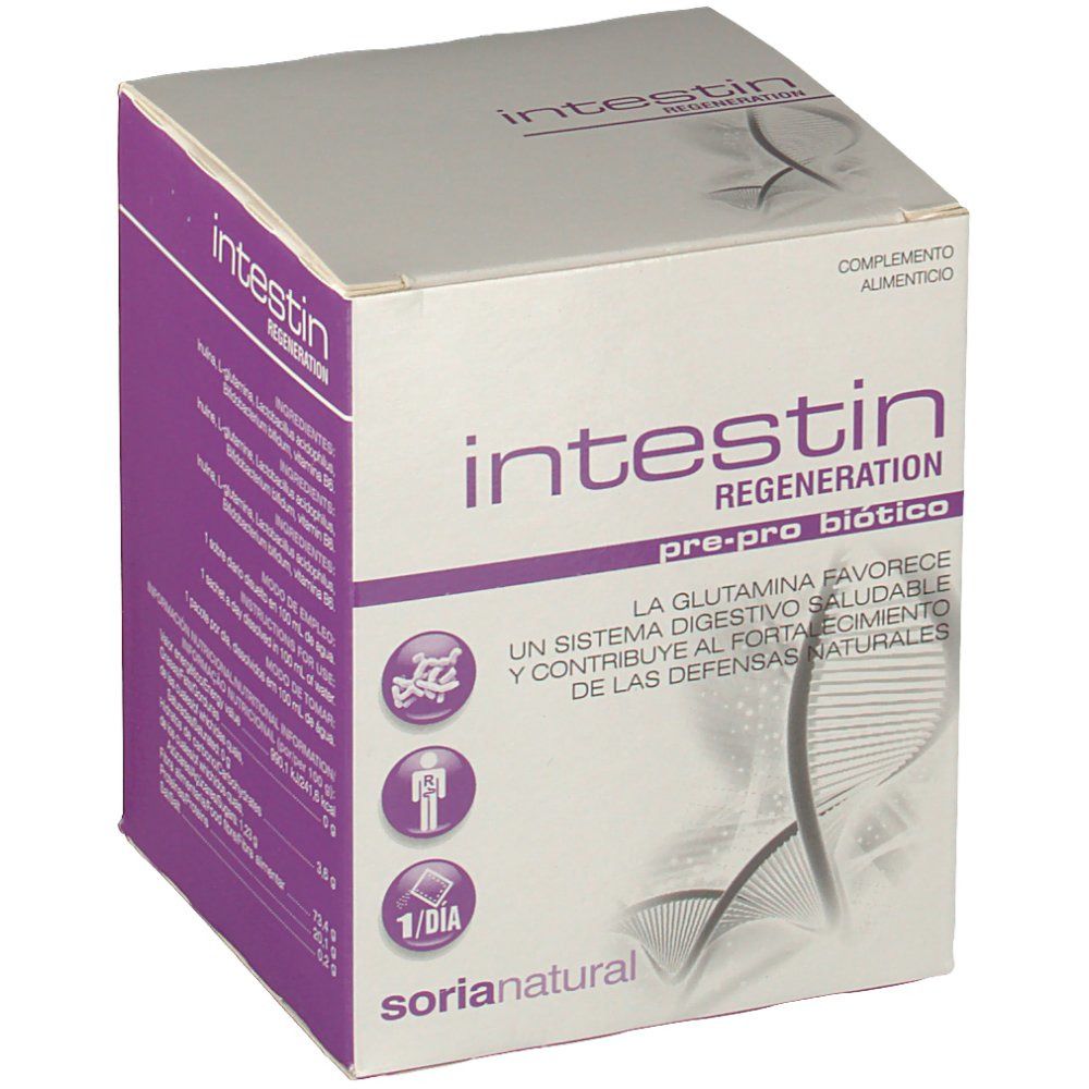 Confezione in cartone "Intestin Regeneration". Colori viola e bianco. Marchio "Soria Natural". Contiene "pre-pro biotico".