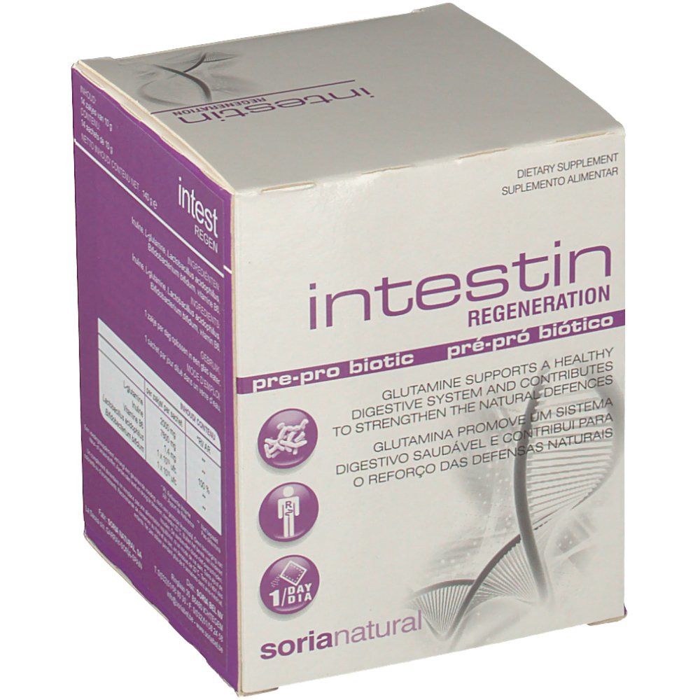 Confezione in cartone "Intestin Regeneration". Colori viola e bianco. Marchio "Soria Natural". Contiene "pre-pro biotico".