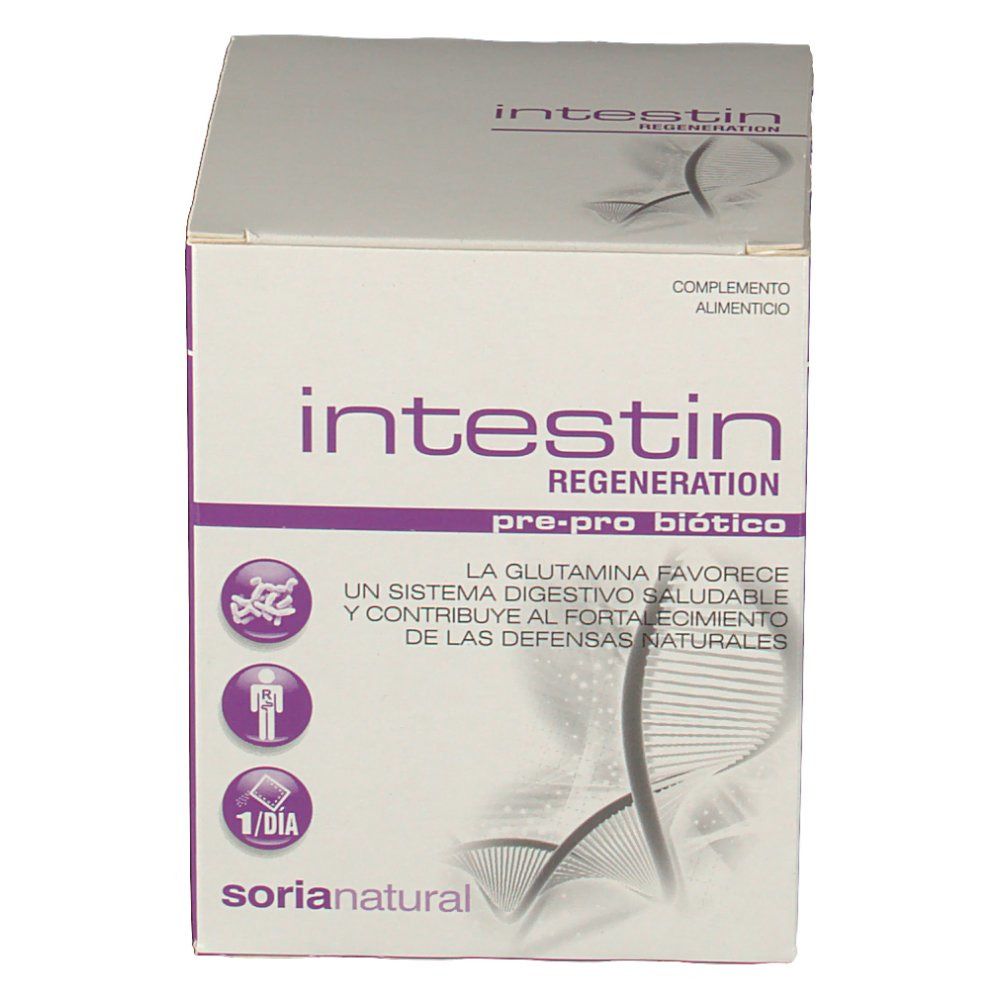 Confezione in cartone "Intestin Regeneration". Colori viola e bianco. Marchio "Soria Natural". Contiene "pre-pro biotico".