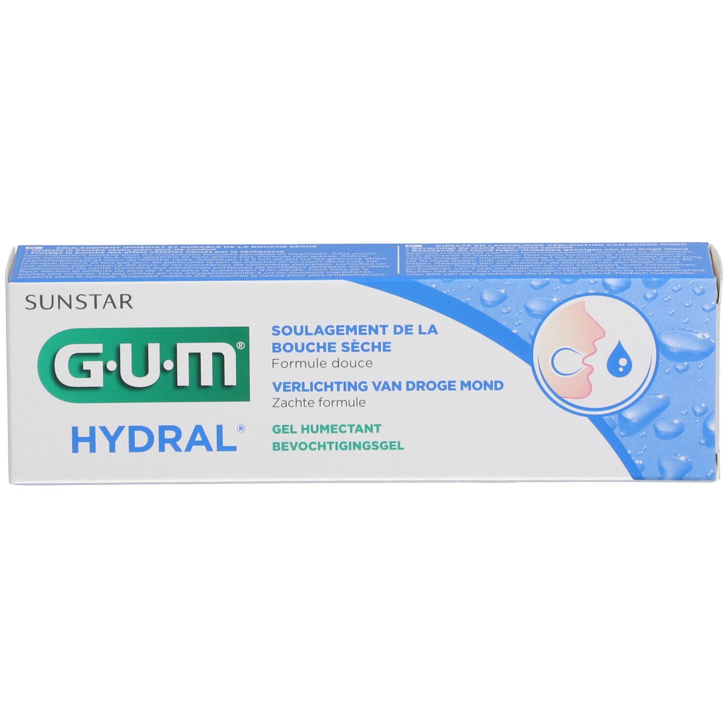 Scatola GUM Hydral. Testo: Dry Mouth Relief, logo, nome prodotto. Design blu e bianco.