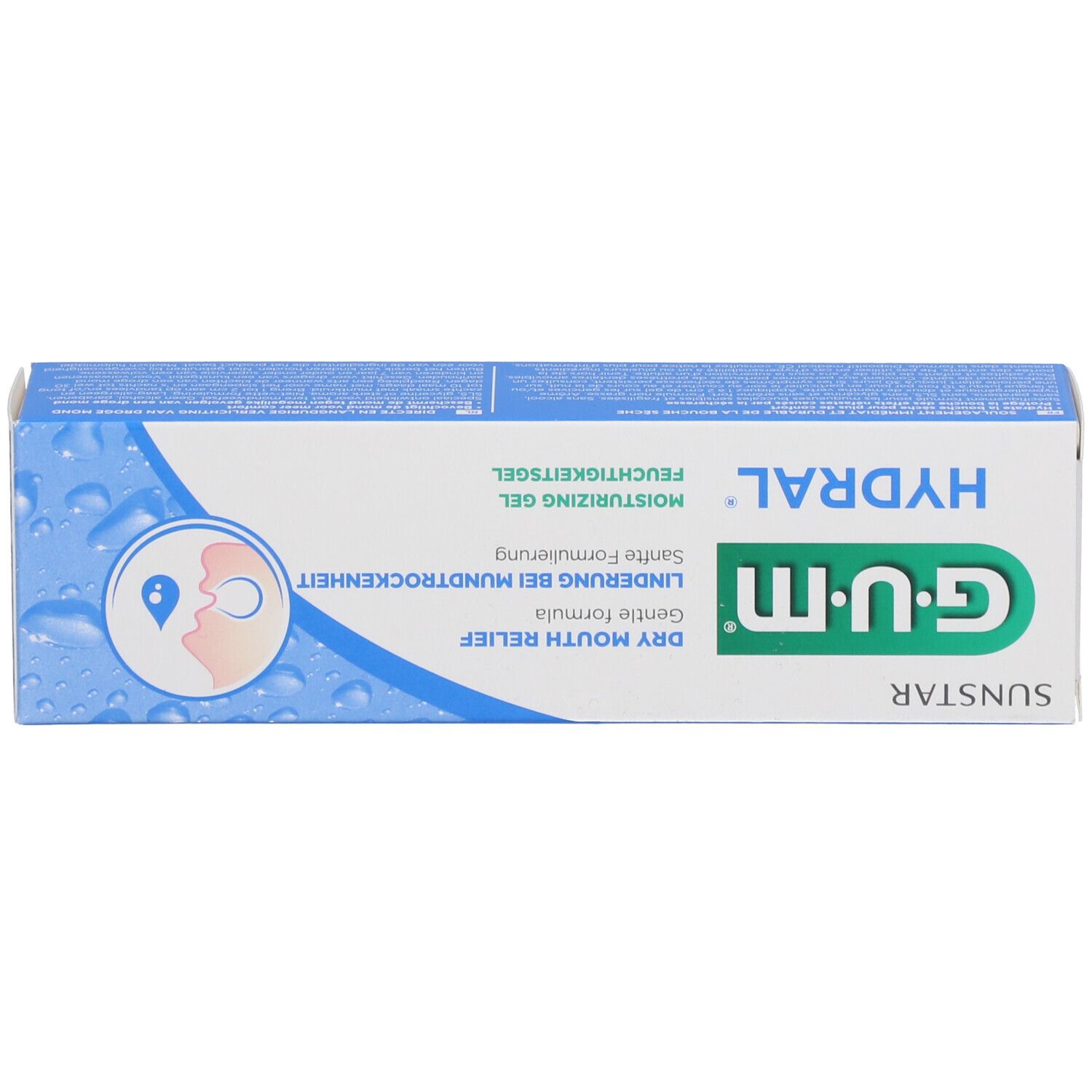 Scatola GUM Hydral. Testo: Dry Mouth Relief, nome prodotto, logo. Design blu e bianco.