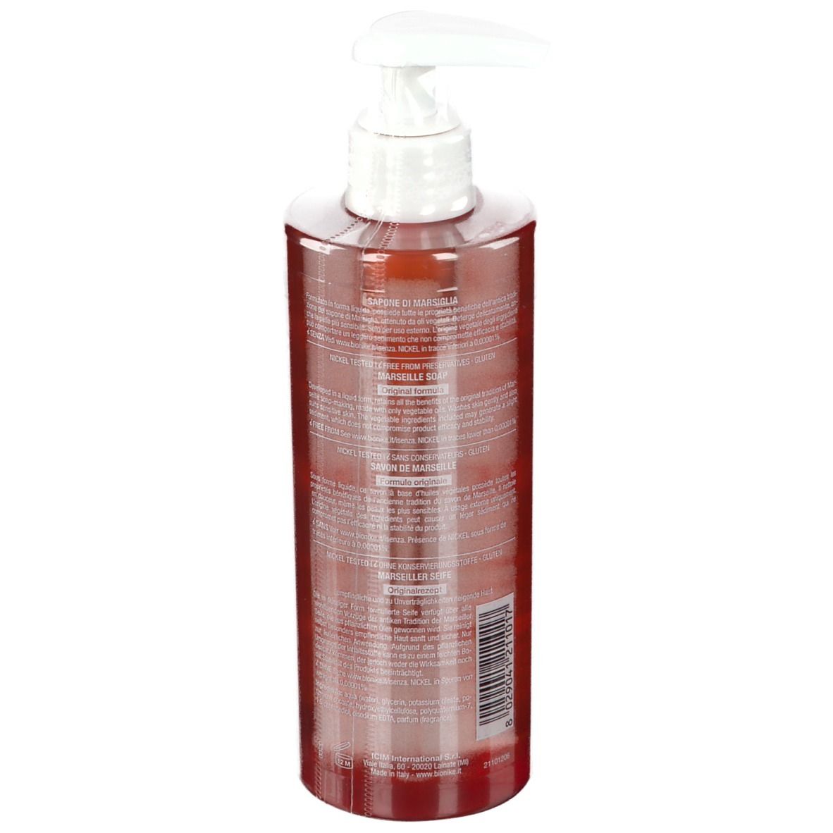 Flacone rosso trasparente con dosatore bianco. Vista posteriore con testo e codice a barre.