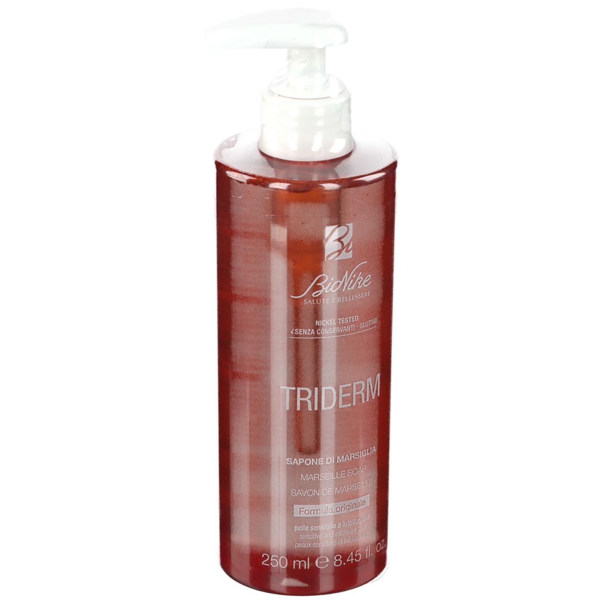 Flacone rotondo rosso con dosatore bianco. Scritte TRIDERM e BioNike. 250 ml.