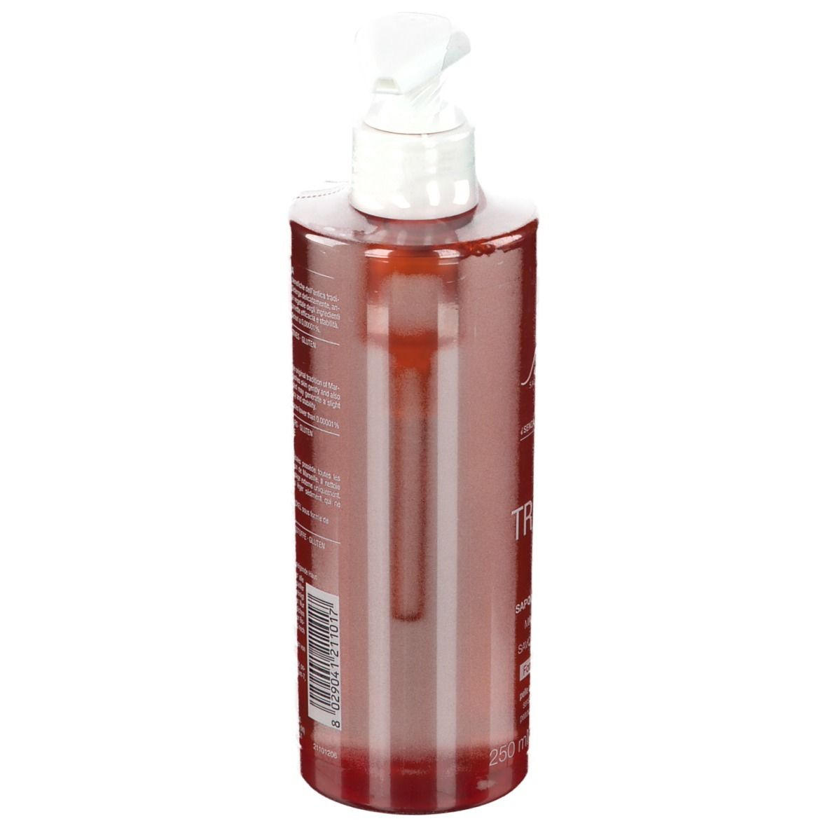 Flacone rosso trasparente con dosatore bianco. Vista posteriore con testo.