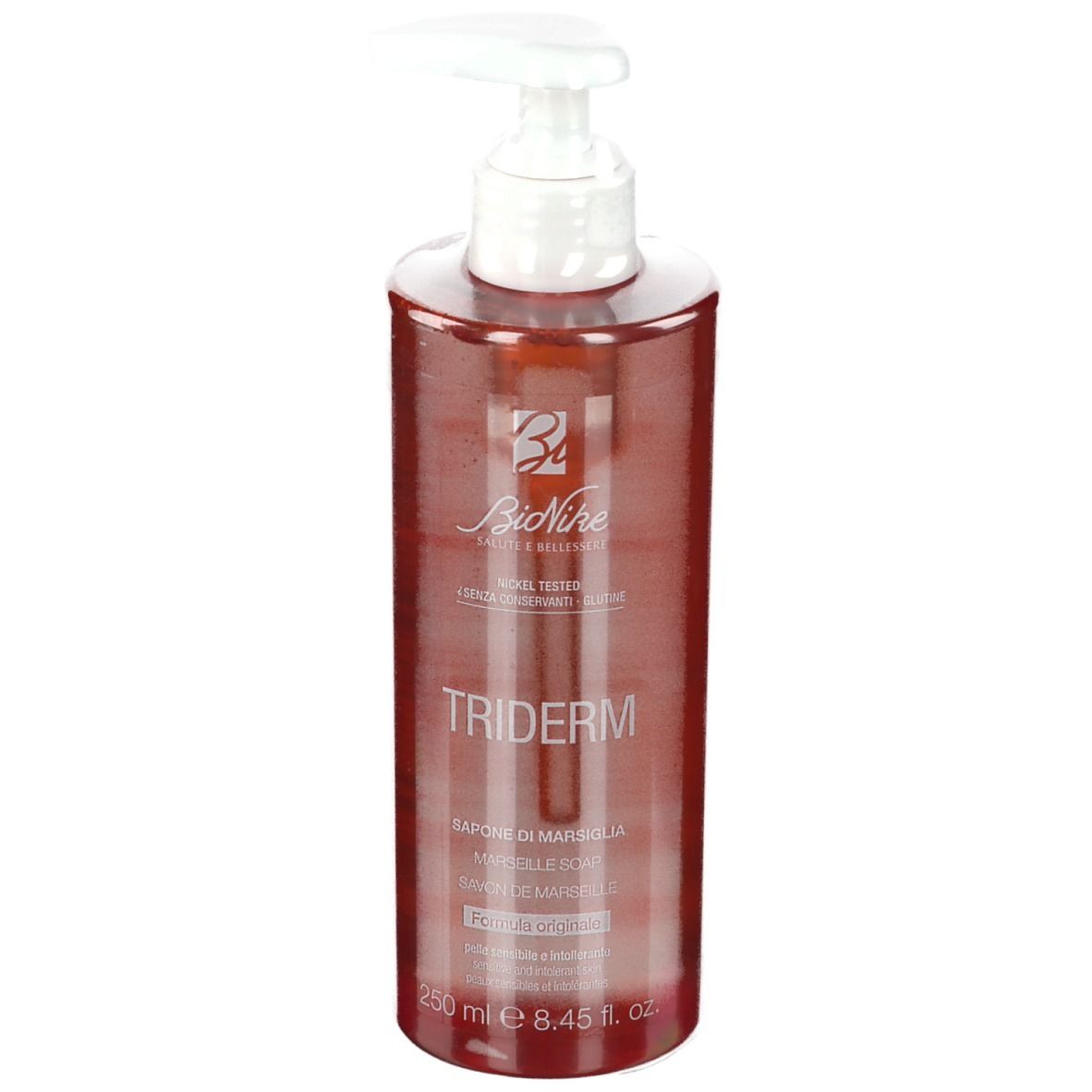 Flacone rotondo rosso con dosatore bianco. Scritte TRIDERM e BioNike. 250 ml.