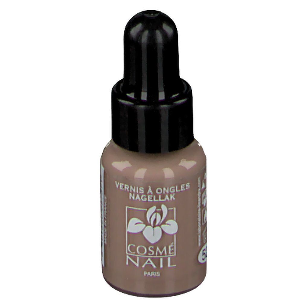 Flacone di smalto con tappo nero e contagocce. Scritta: Vernis à Ongles Nagellak, Cosmé Nail Paris. Colore: Grège.