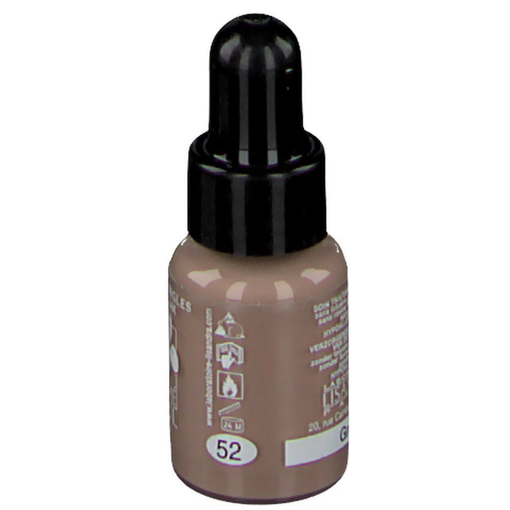 Flacone di smalto con tappo nero e contagocce. Scritta: Vernis à Ongles, Nagellak. Colore: 52 Grège. Testo sul retro.