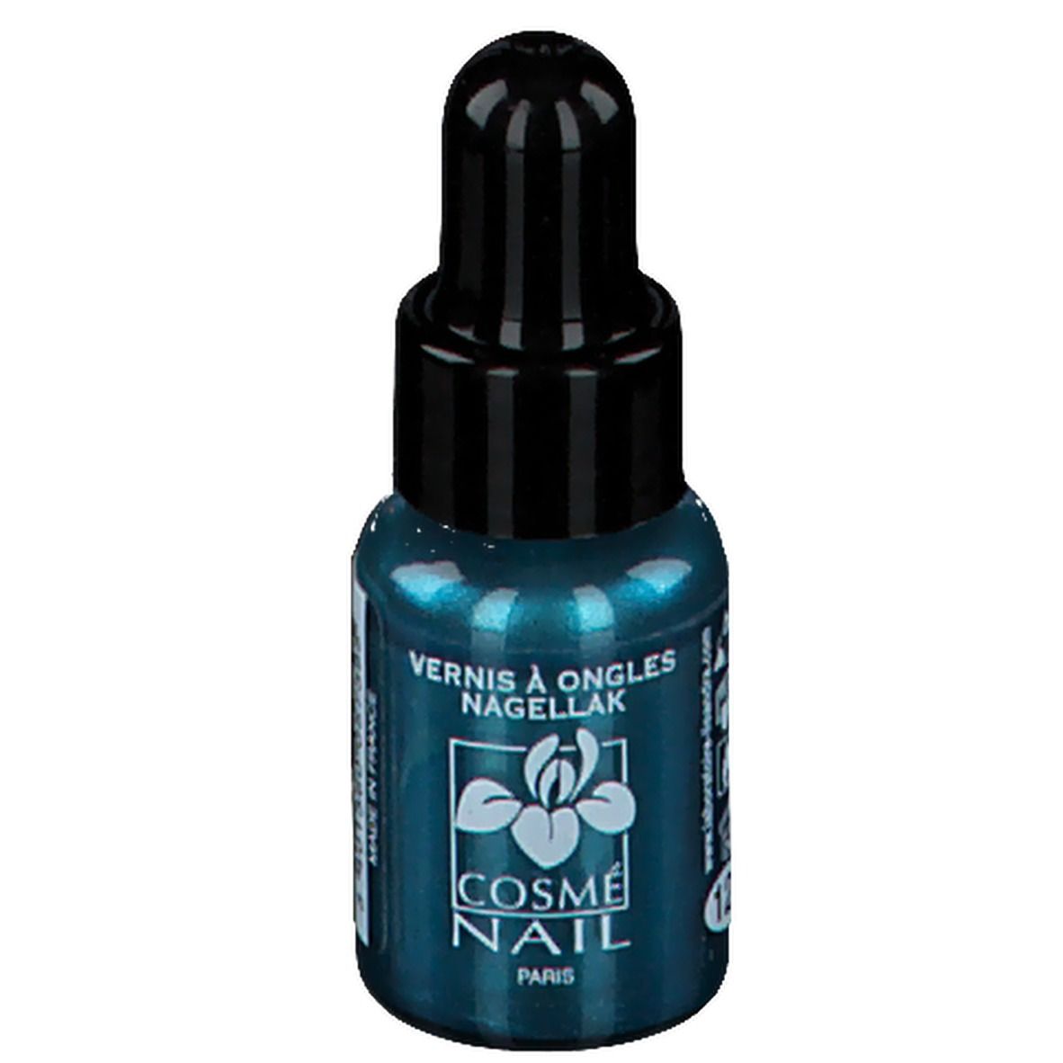 Flacone di smalto per unghie turchese con tappo nero. Scritta: COSMÈ NAIL PARIS. Flacone con contagocce.