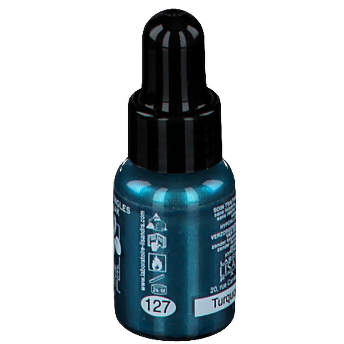 Flacone di smalto per unghie turchese con tappo nero. Scritta: 127, Turquoise. Flacone con contagocce.