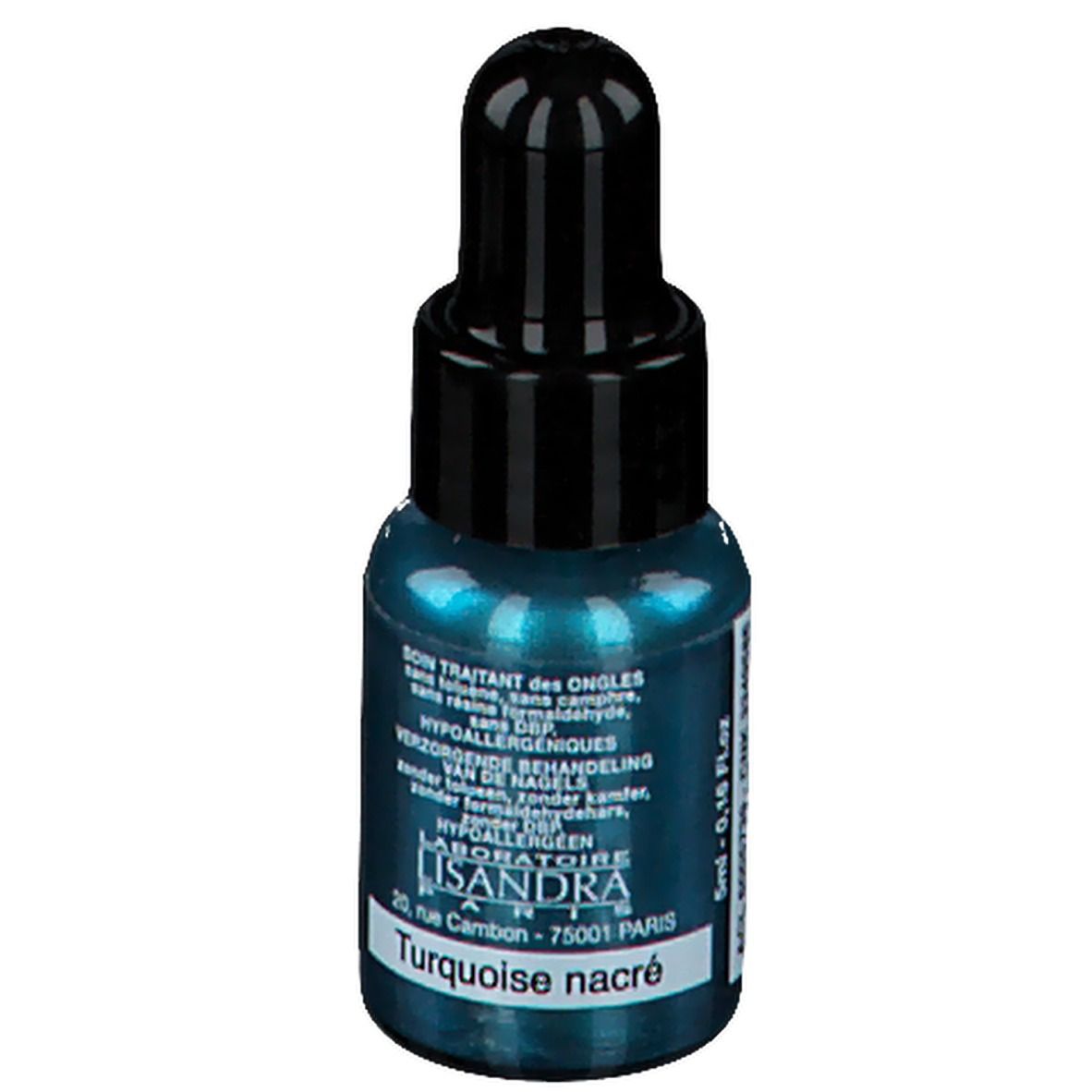 Flacone di smalto per unghie turchese con tappo nero. Scritta: Turquoise nacré. Flacone con contagocce.