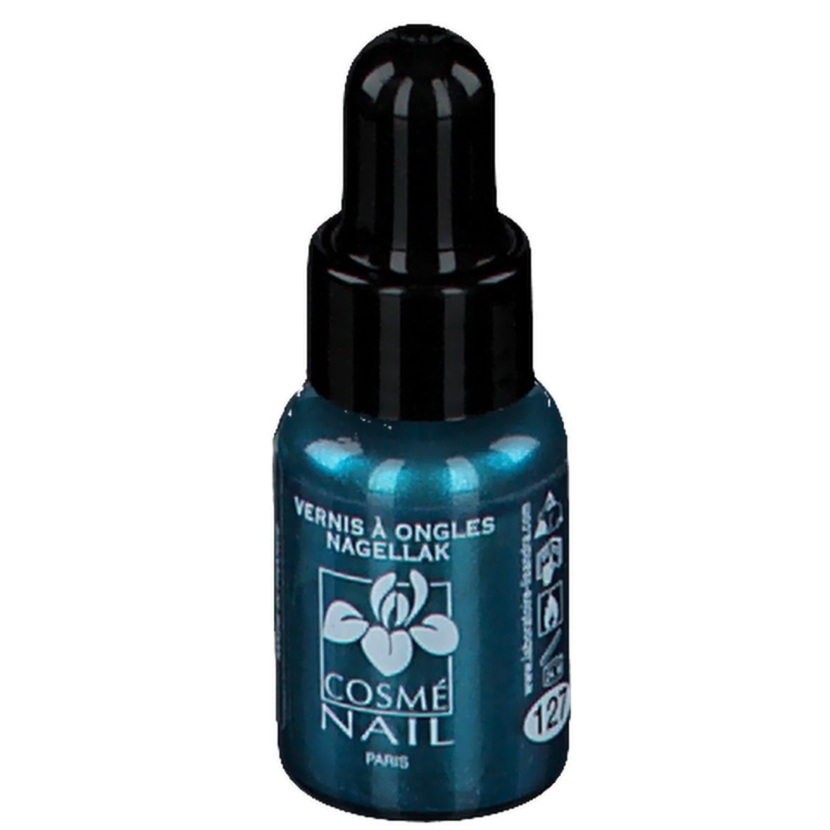 Flacone di smalto per unghie turchese con tappo nero. Scritta: COSMÈ NAIL PARIS, 127. Flacone con contagocce.