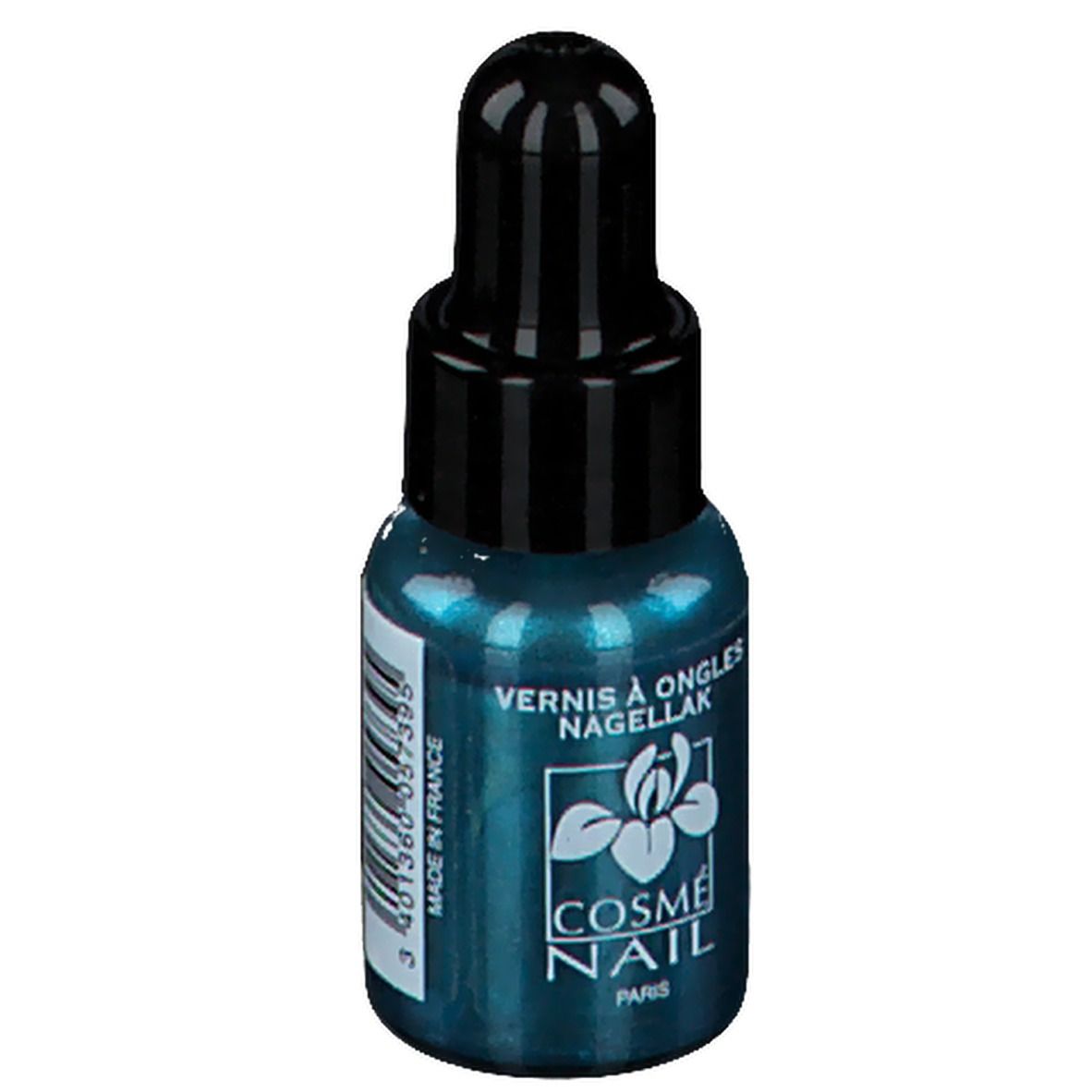 Flacone di smalto per unghie turchese con tappo nero. Scritta: COSMÈ NAIL PARIS. Flacone con contagocce. Made in France.