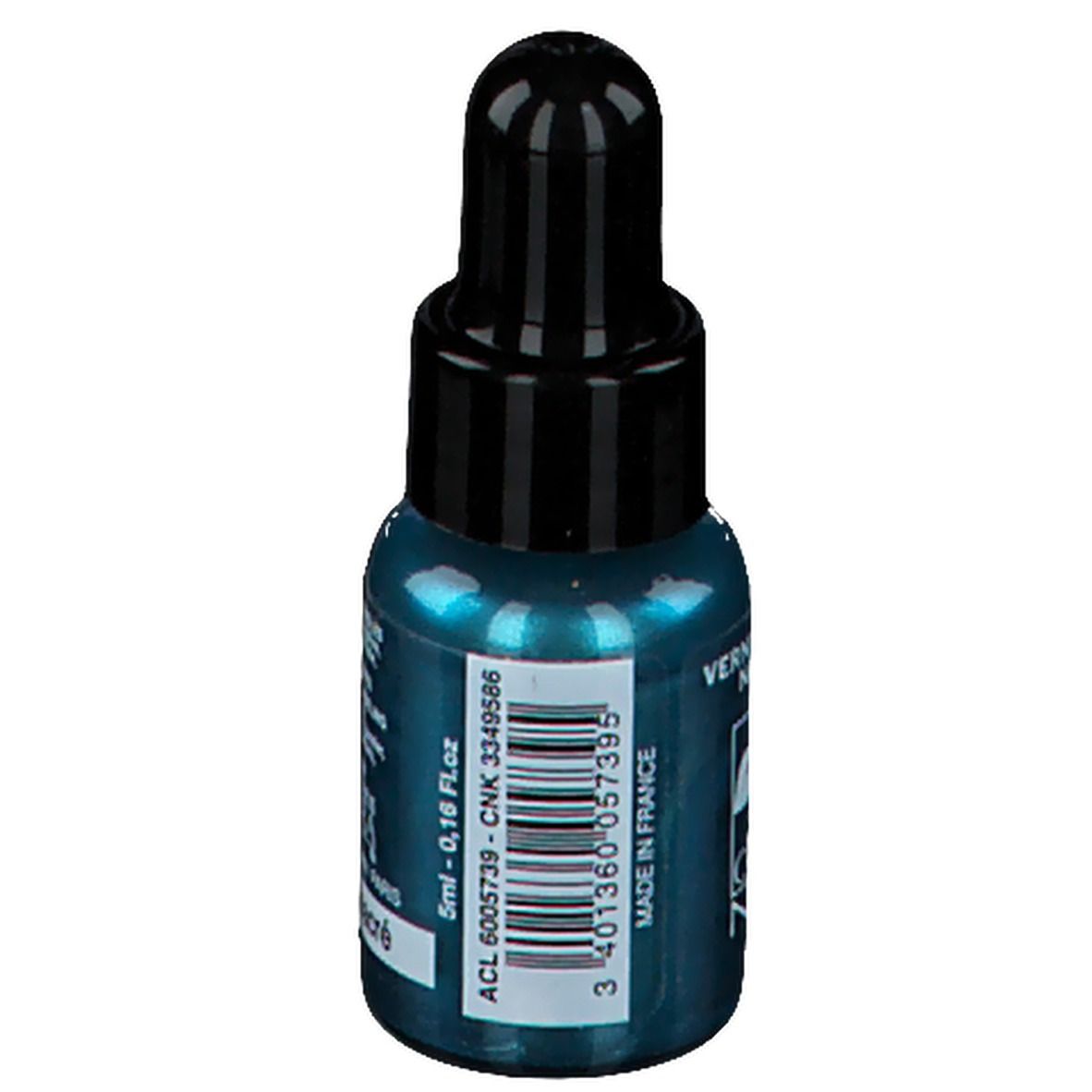 Flacone di smalto per unghie turchese con tappo nero. Scritta: 5ml - 0,16 fl.oz. Made in France. Flacone con contagocce.