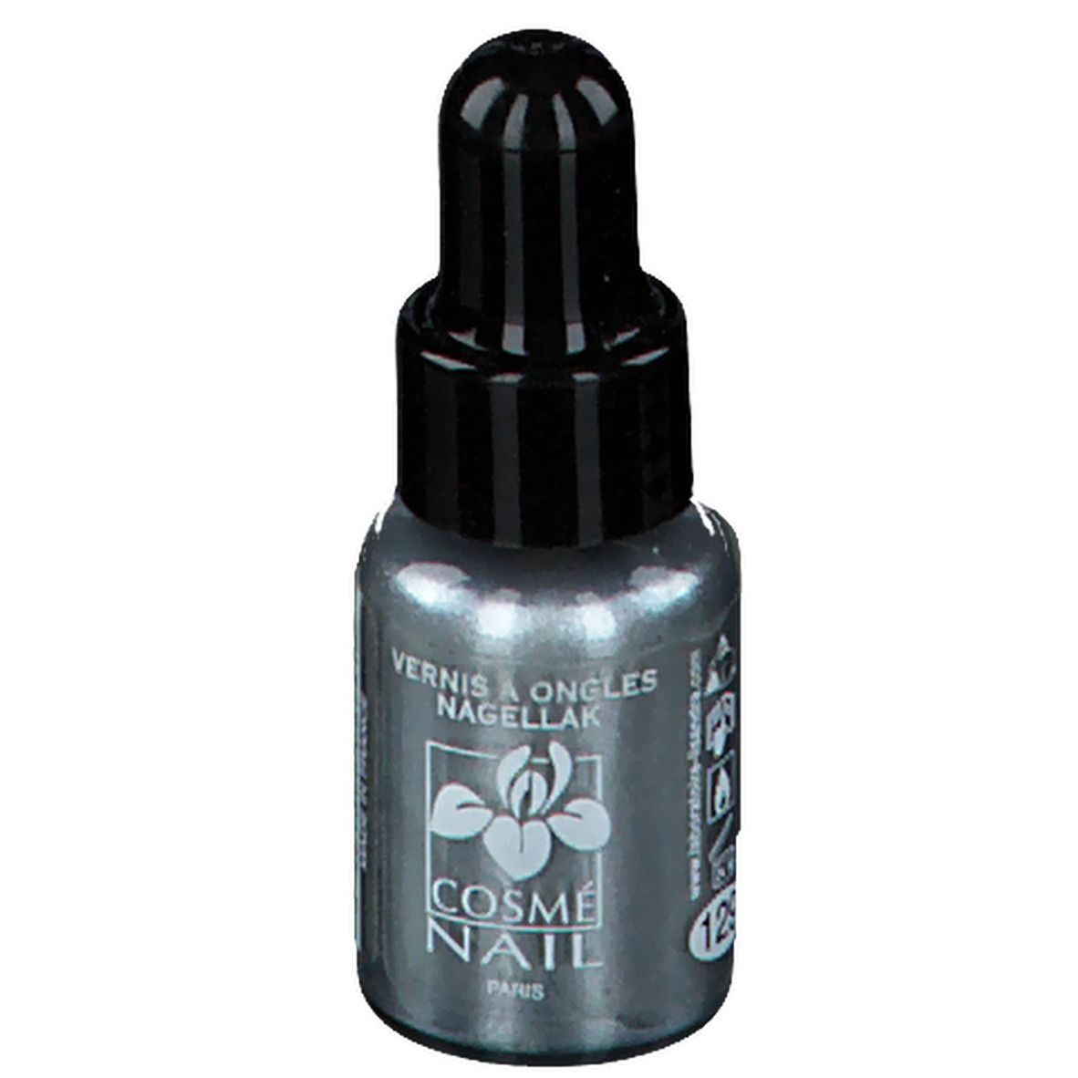 Flacone di smalto per unghie con tappo nero. Scritta: COSMÈ NAIL PARIS. Tonalità 129.