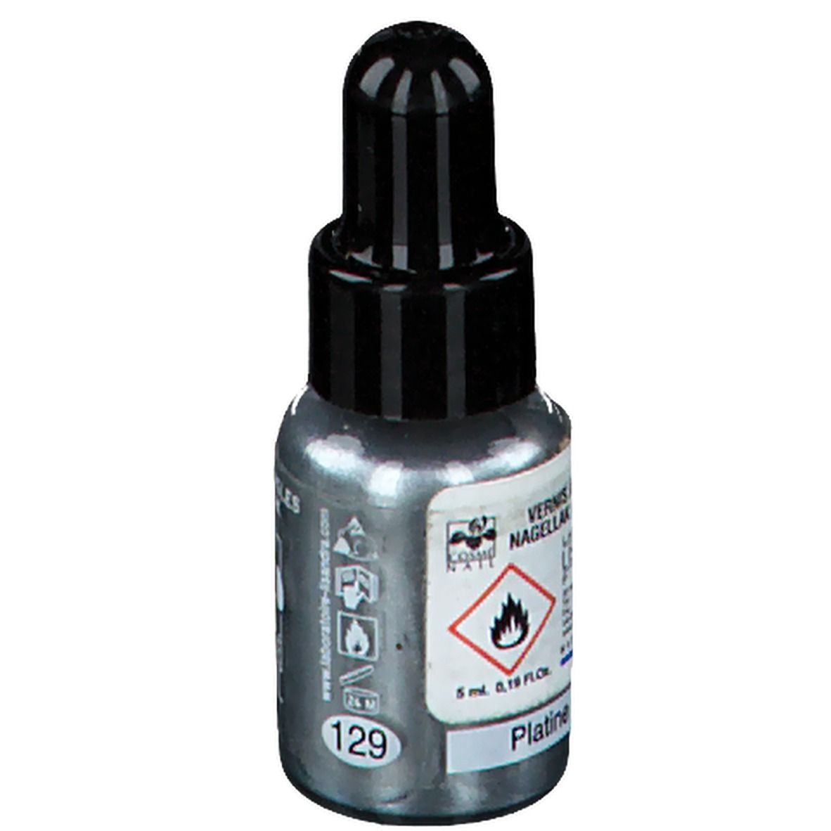 Flacone di smalto per unghie con tappo nero. Scritta: Vernis à ongles. Tonalità: Platine. Volume: 5 ml.
