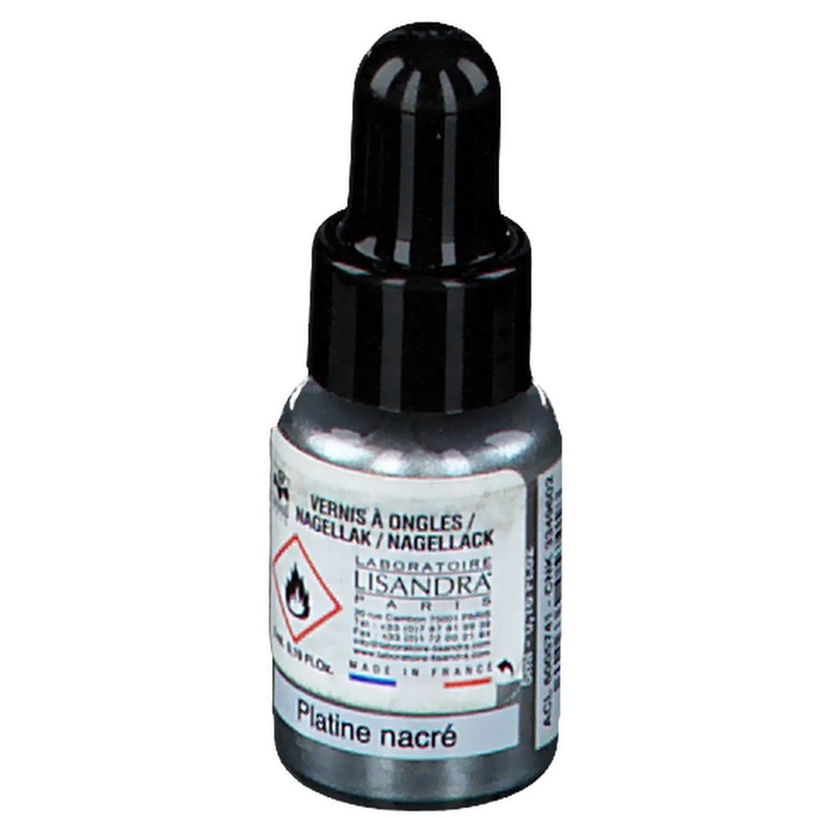 Flacone di smalto per unghie con tappo nero. Scritta: Vernis à ongles/Nagellack. Tonalità: Platine nacré.