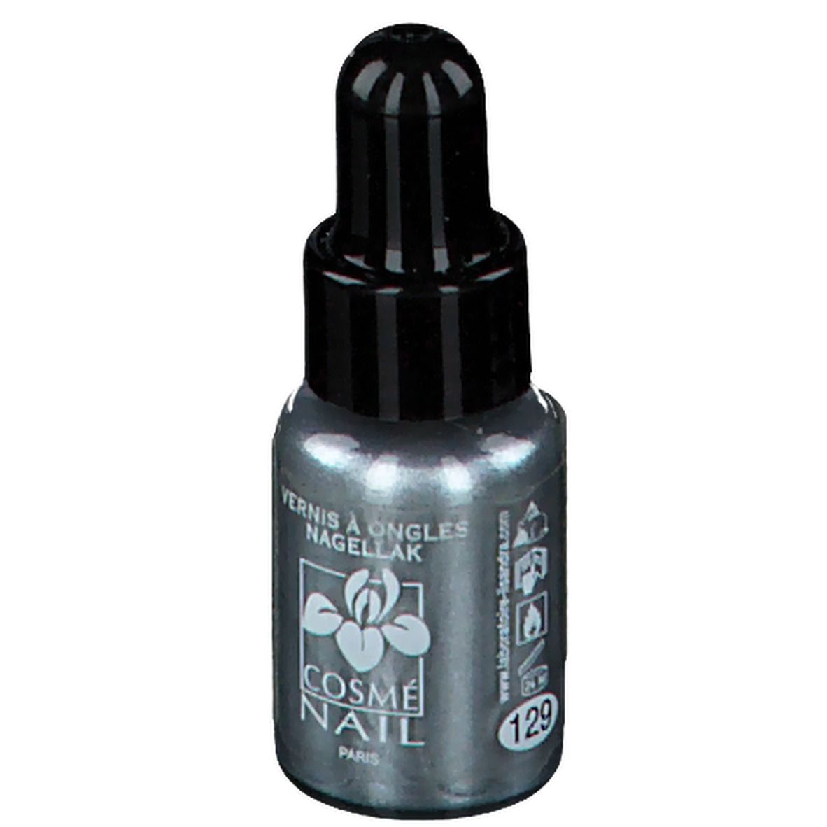 Flacone di smalto per unghie con tappo nero. Scritta: COSMÈ NAIL PARIS. Tonalità 129.