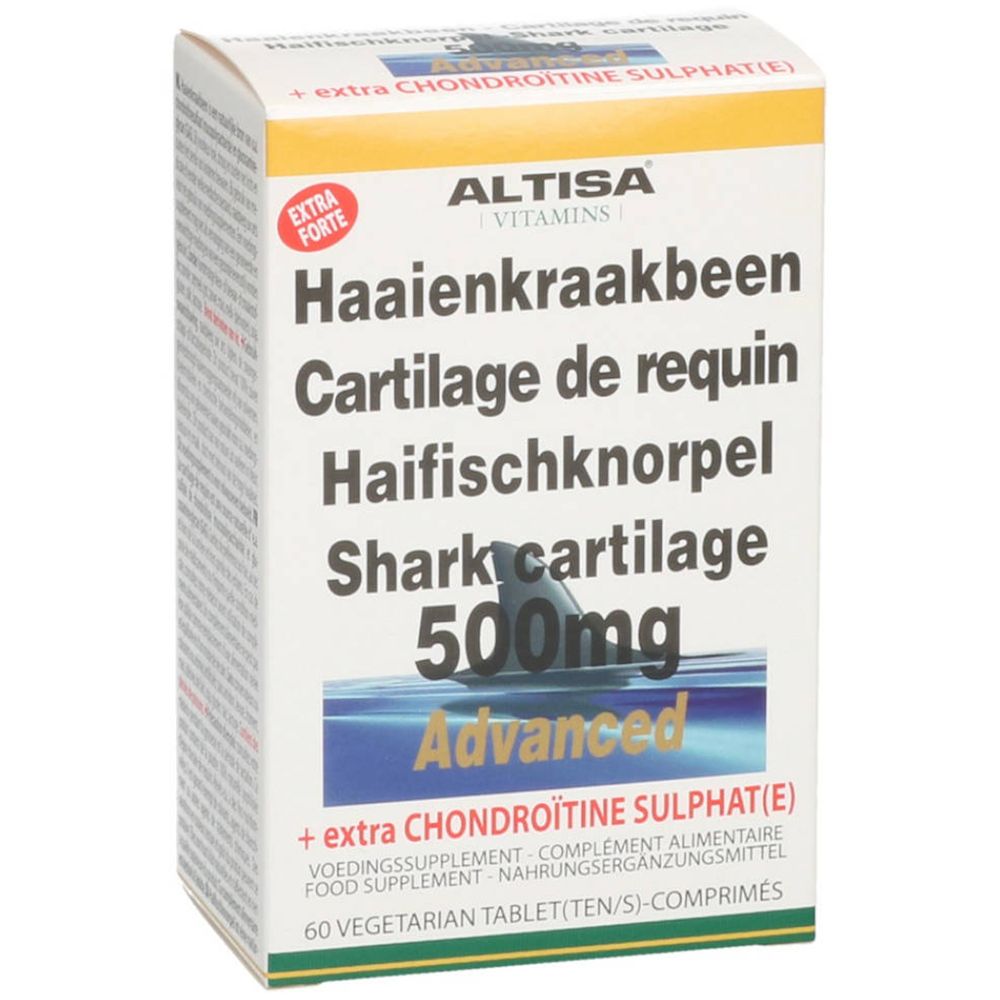 Confezione di ALTISA® Haifischknorpel 500 mg Advanced. Scatola bianca con nome e logo del prodotto. Contiene 60 compresse.