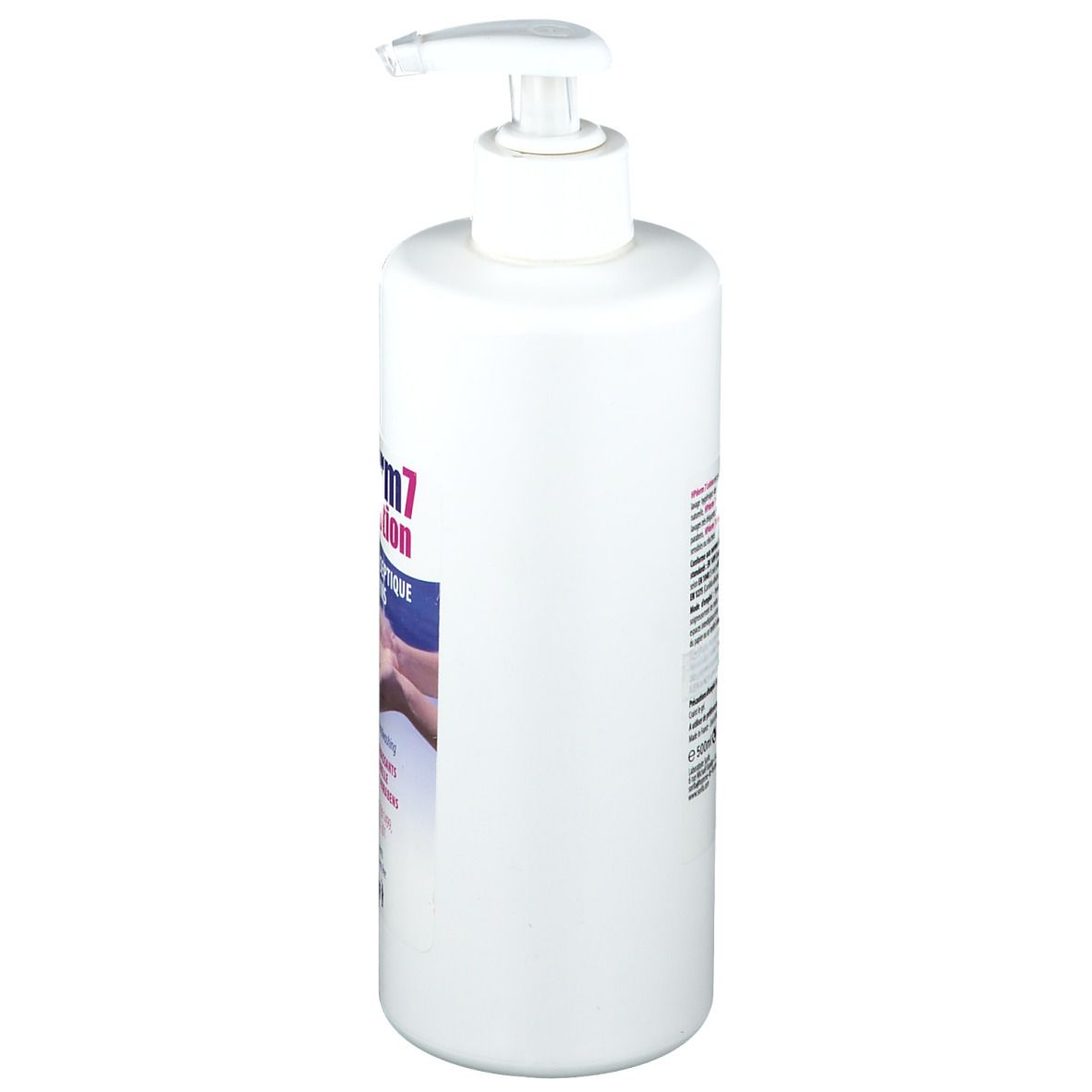 Flacone di lozione bianco con dosatore a pompa, vista laterale. Scritta: HPderm7 Lotion. Contiene informazioni e testo.