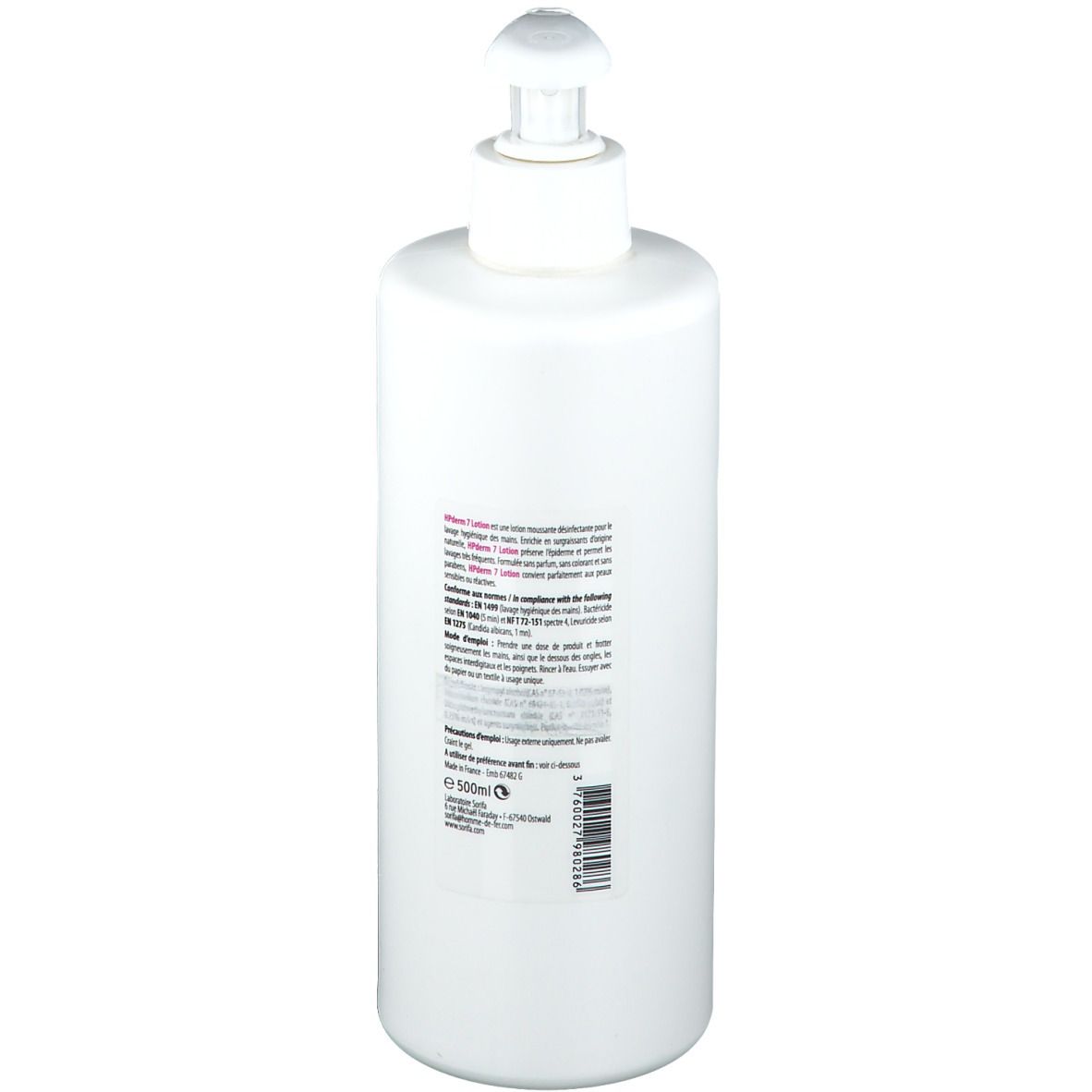 Flacone di lozione bianco con dosatore a pompa, vista posteriore. Contiene informazioni e testo. Scritta: HPderm7 Lotion.