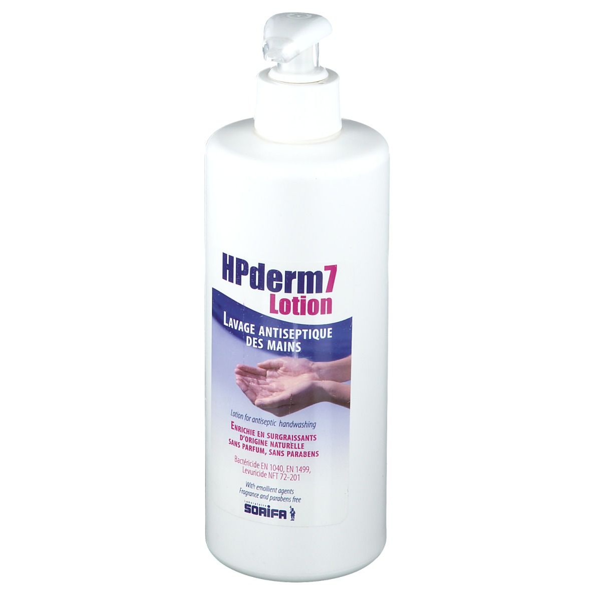 Flacone di lozione bianco con dosatore a pompa. Scritta: HPderm7 Lotion, Lavage Antiseptique des Mains. Contiene informazioni.