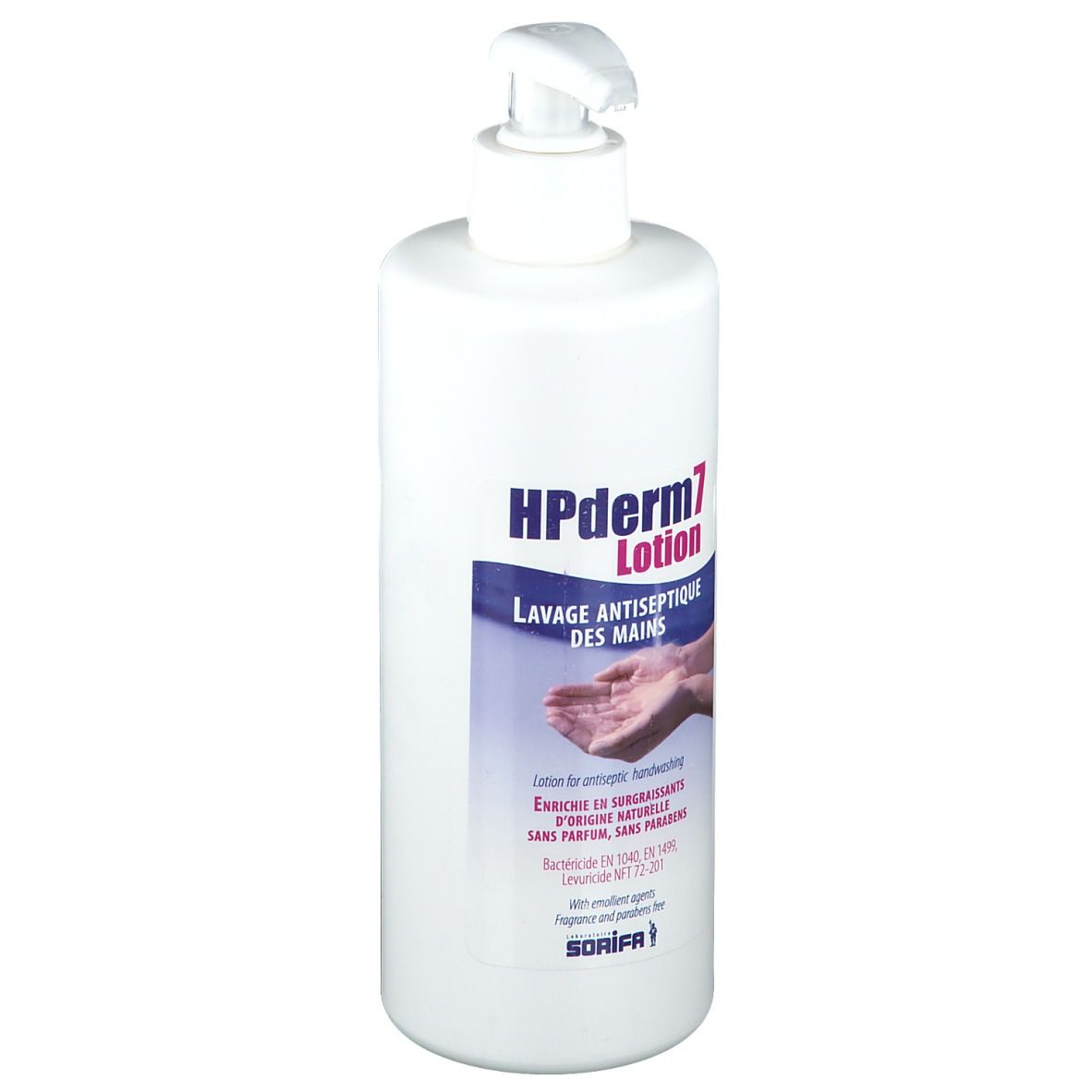 Flacone di lozione bianco con dosatore a pompa. Scritta: HPderm7 Lotion, Lavage Antiseptique des Mains. Contiene informazioni.