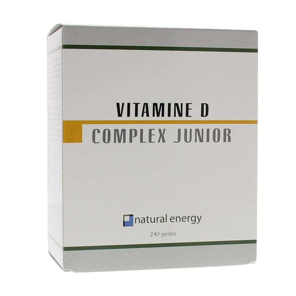 Scatola bianca con 'VITAMINE D COMPLEX JUNIOR' e 'natural energy'. Contiene 240 perle.