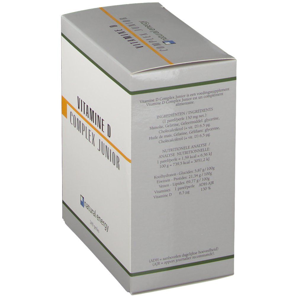 Scatola, vista laterale. 'VITAMINE D COMPLEX JUNIOR' e 'natural energy'. Informazioni su ingredienti e valori nutrizionali.