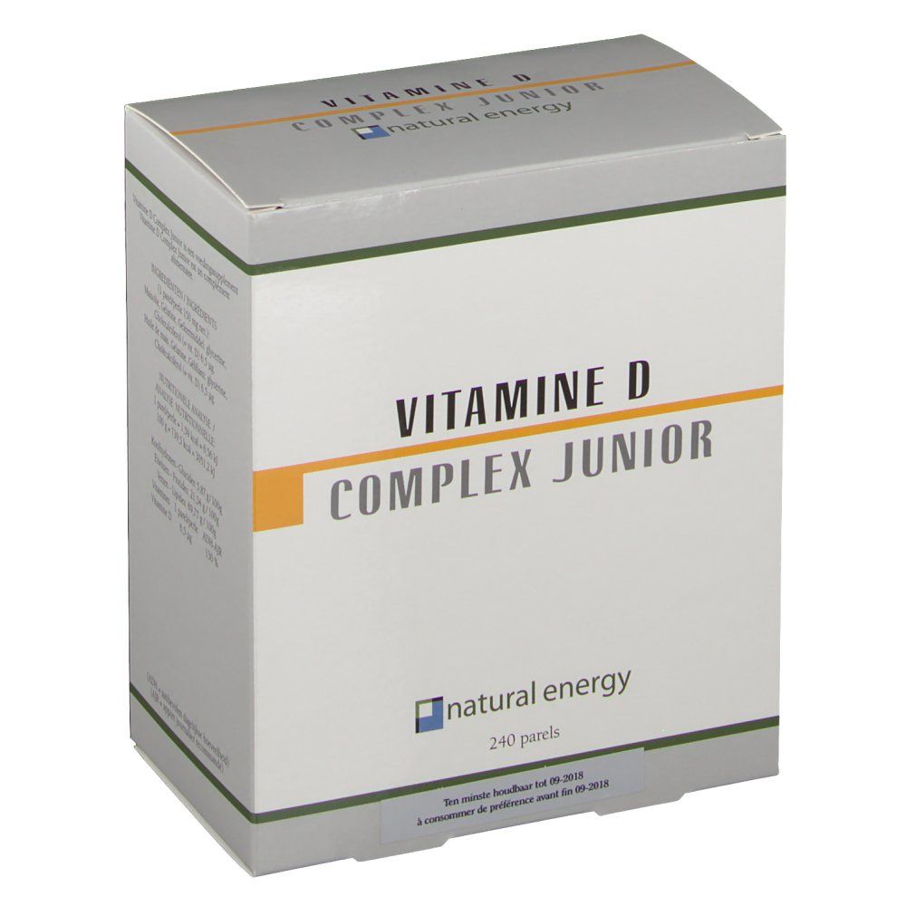 Scatola con 'VITAMINE D COMPLEX JUNIOR' e 'natural energy'. Banda gialla, 240 perle. Coperchio grigio.
