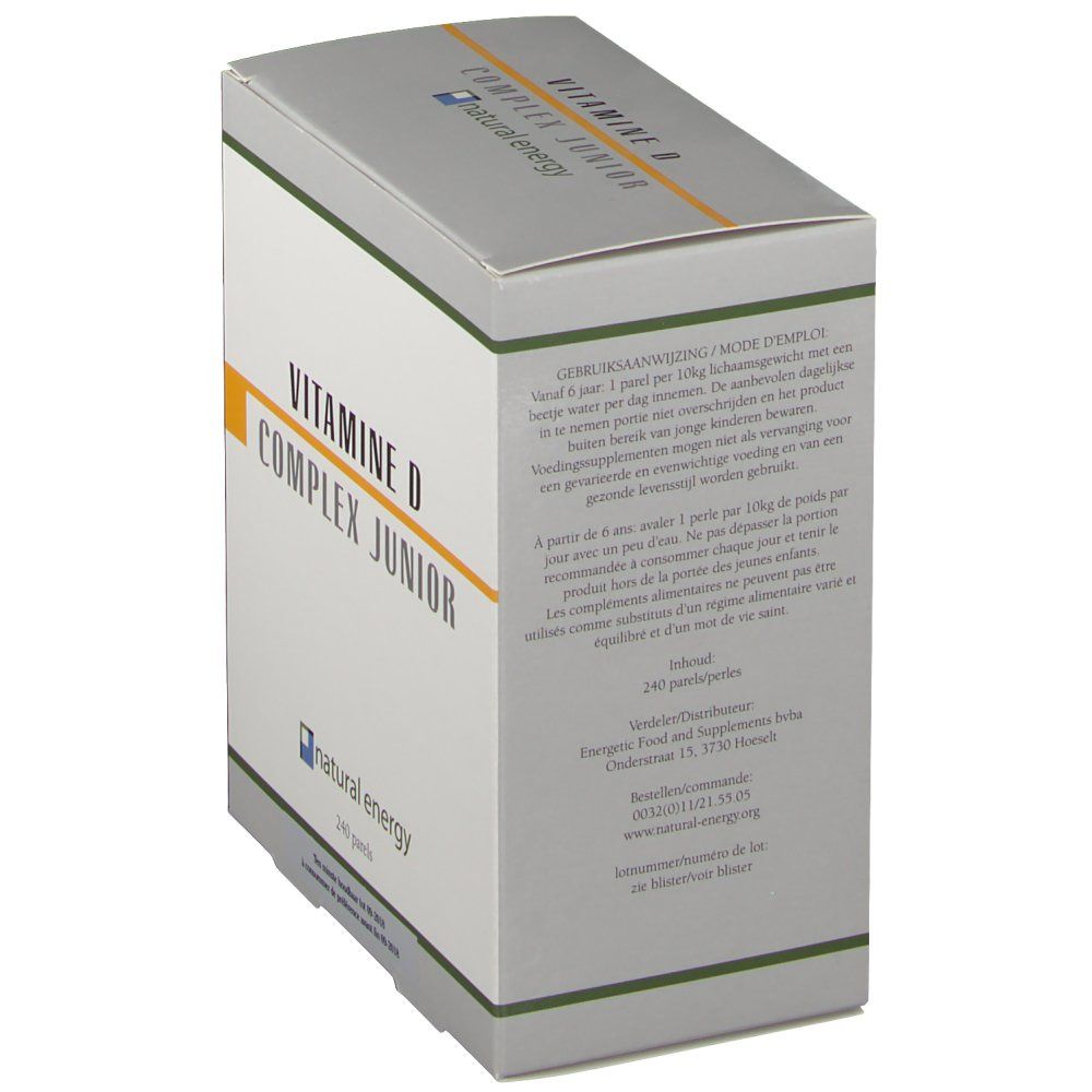 Scatola, vista laterale. 'VITAMINE D COMPLEX JUNIOR' e 'natural energy'. Istruzioni per l'uso e informazioni nutrizionali.