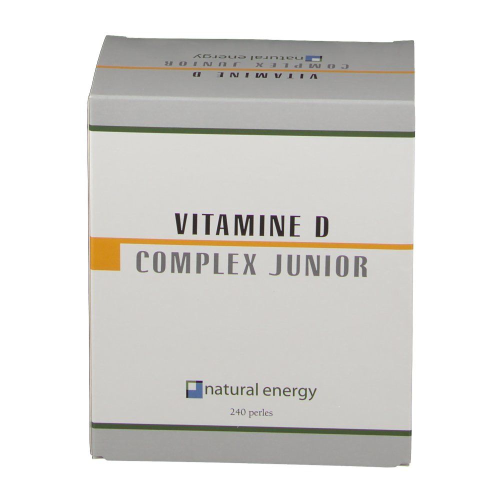 Scatola con 'VITAMINE D COMPLEX JUNIOR' e 'natural energy'. 240 perle. Bianco, giallo e grigio.