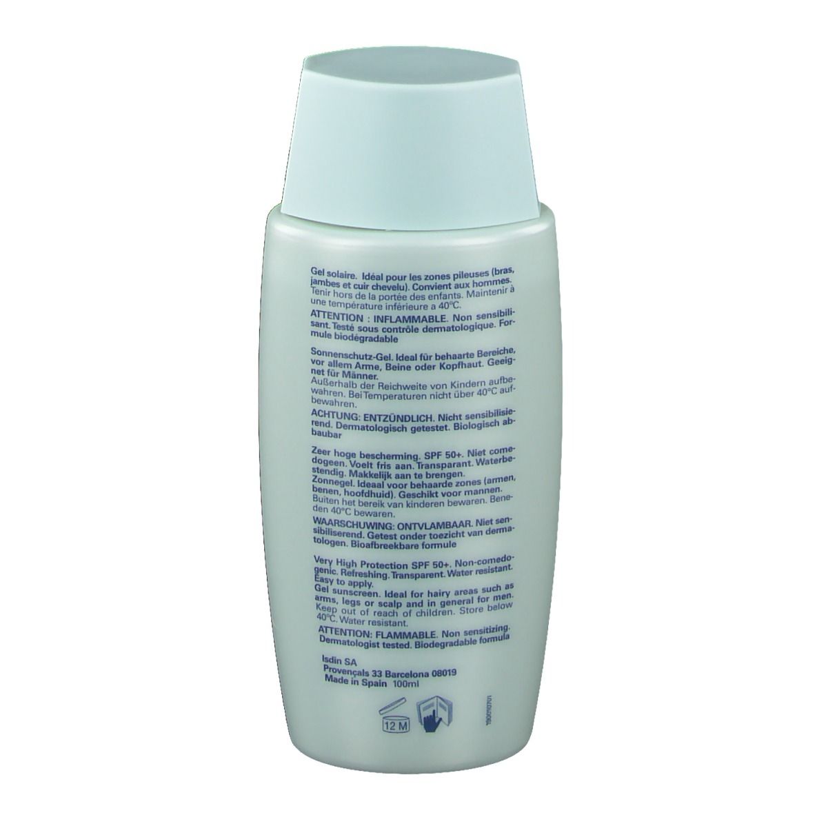 Retro del flacone di crema solare. Testo in più lingue. Logo ISDIN e 100ml.