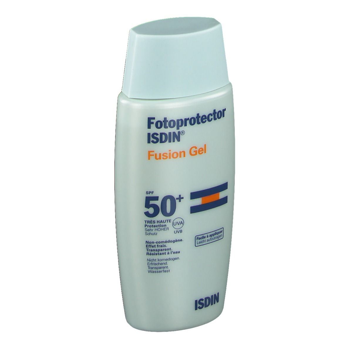 Flacone di crema solare con tappo blu. Scritta: Fotoprotector Fusion Gel SPF50+ di ISDIN.