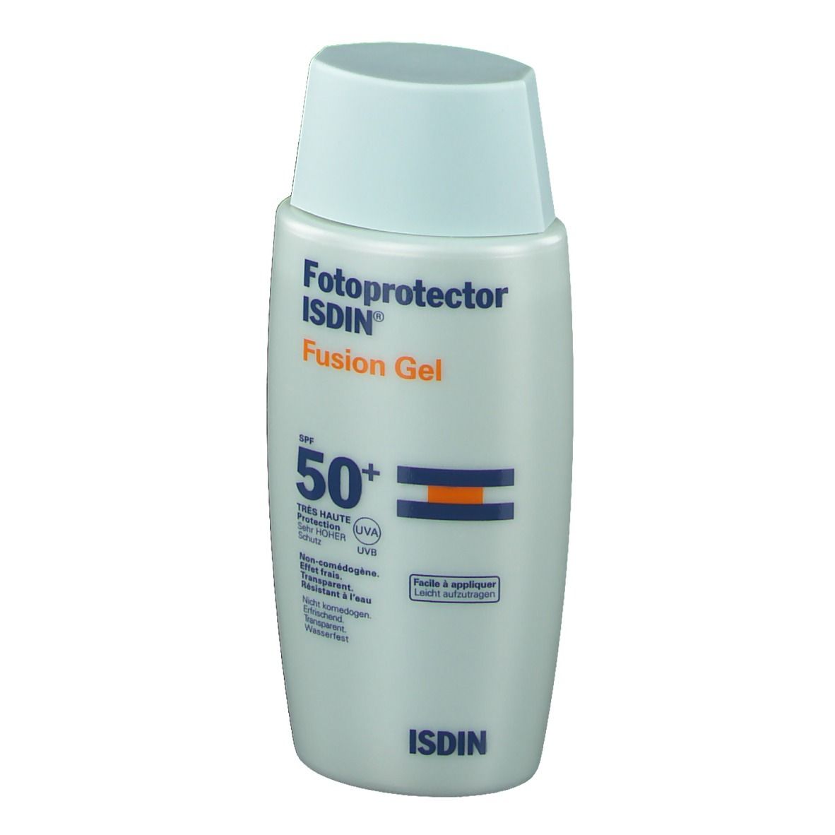 Flacone di crema solare con tappo blu. Scritta: Fotoprotector Fusion Gel SPF50+ di ISDIN.