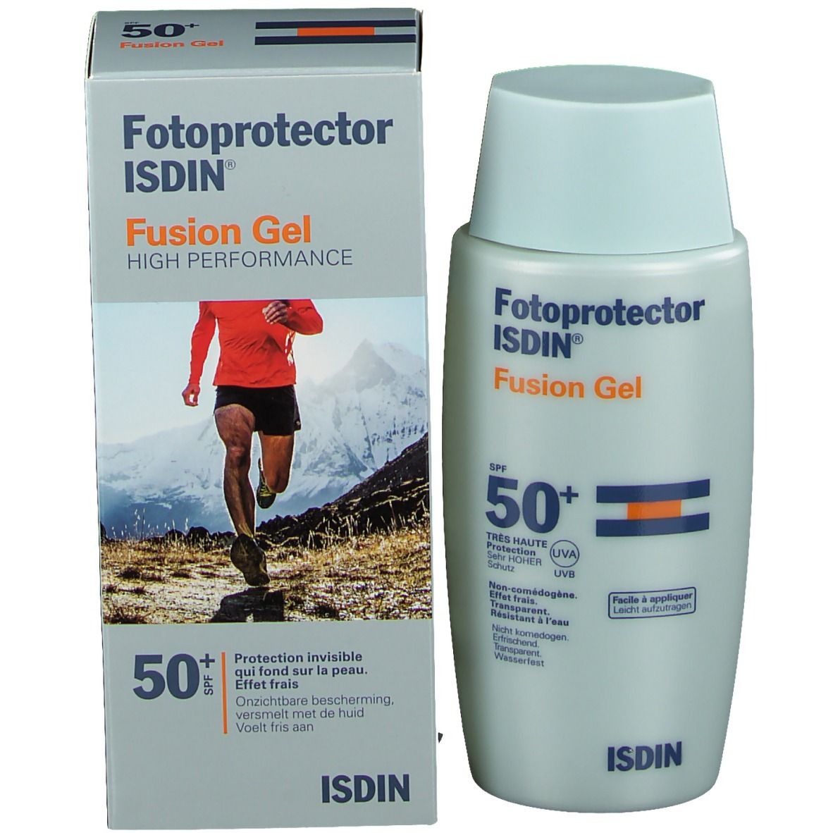 Flacone di crema solare accanto alla confezione. Scritta: Fotoprotector Fusion Gel SPF50+ di ISDIN.