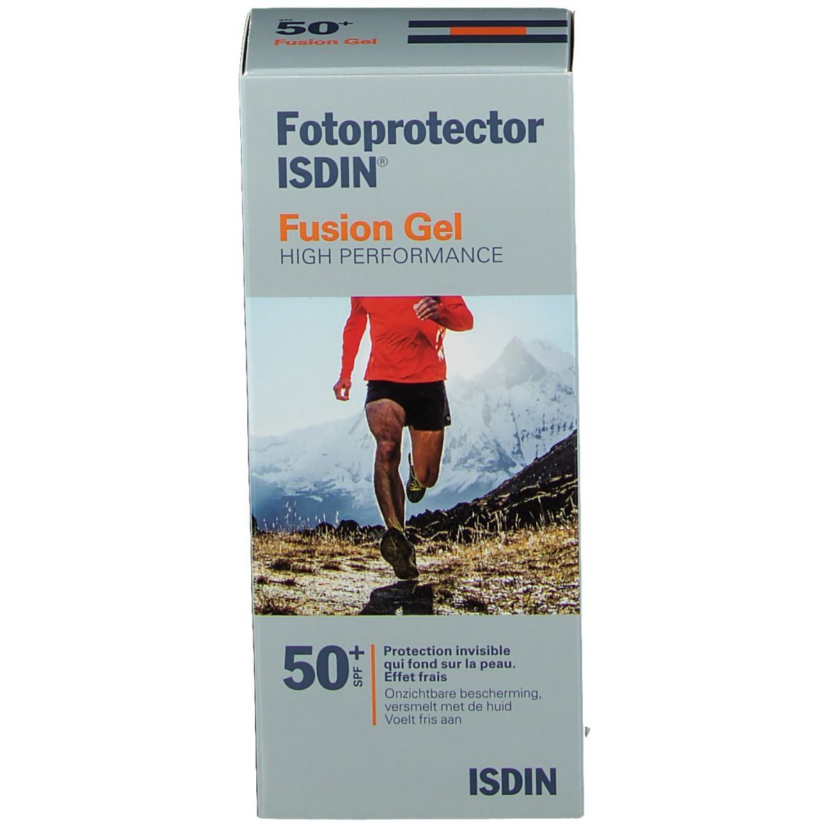 Confezione di crema solare. Scritta: Fotoprotector Fusion Gel SPF50+ di ISDIN. Illustrazione di un corridore.
