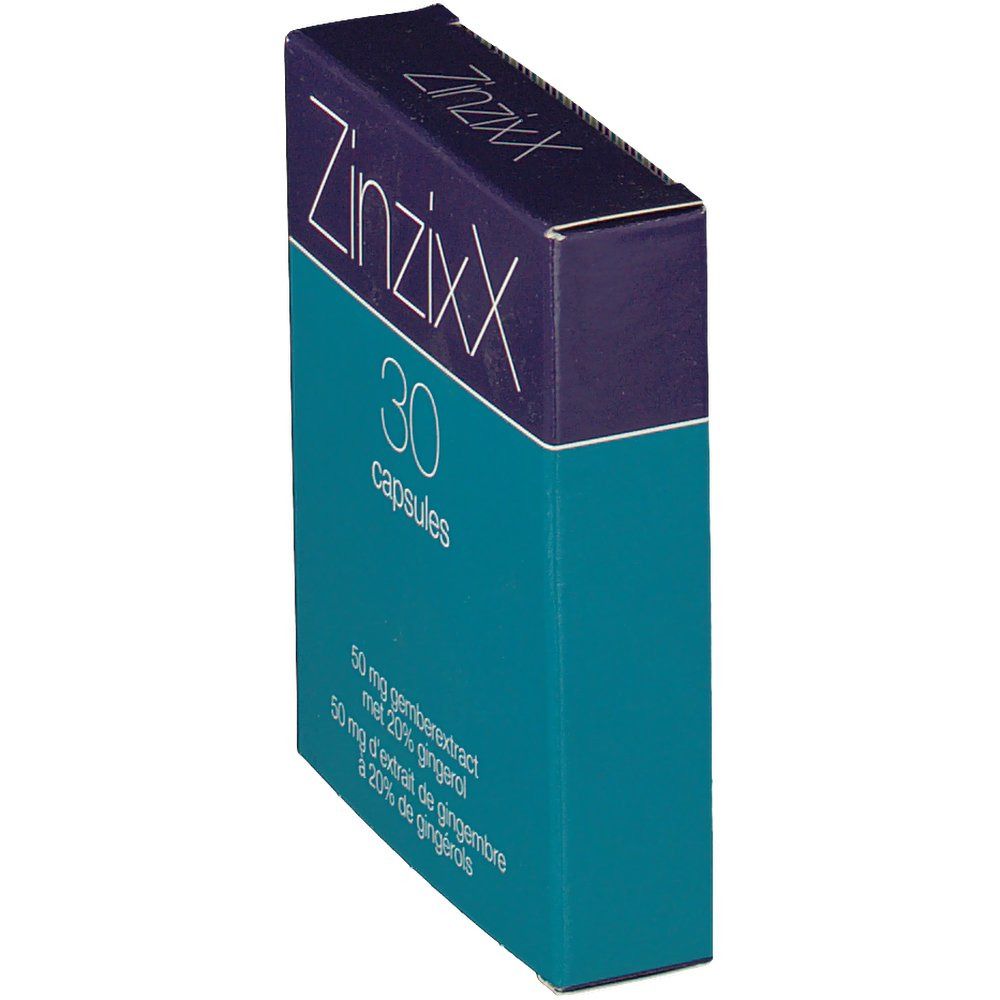 Confezione ZinzixX inclinata. 30 capsule. Colore blu-turchese.