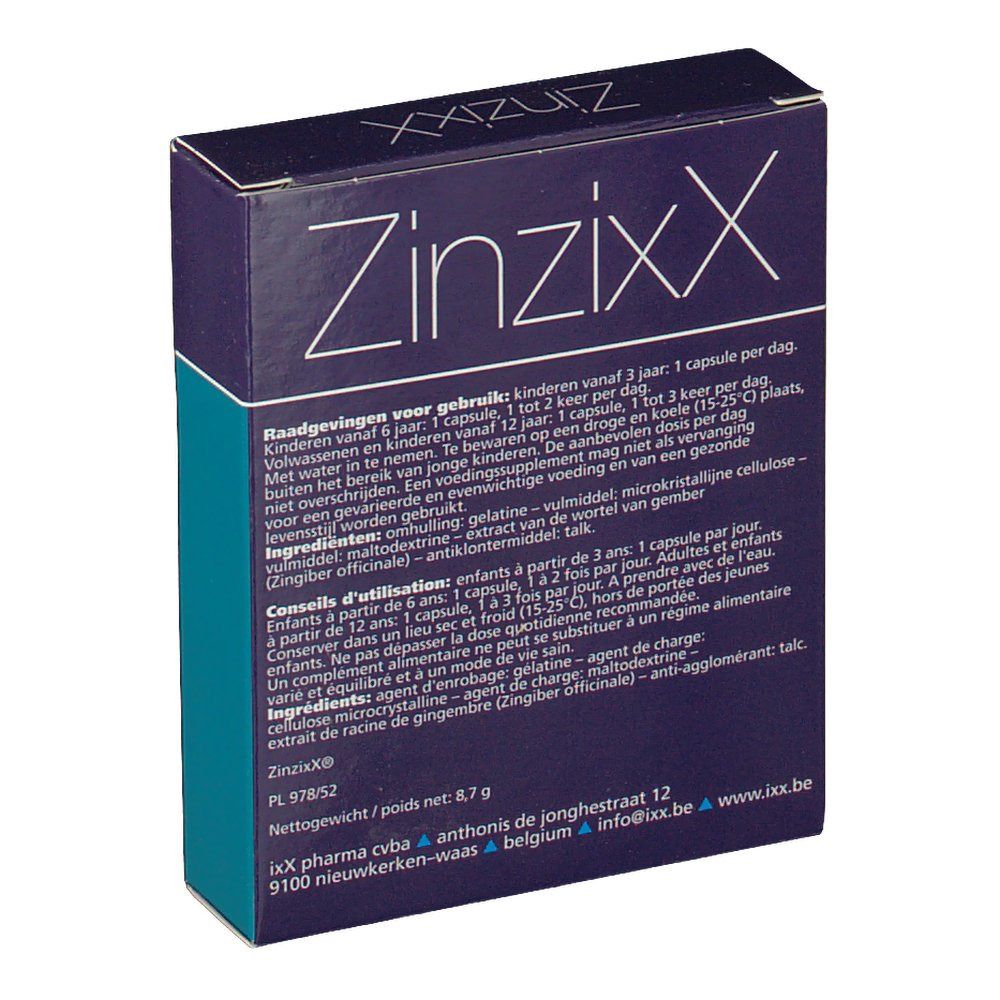 Confezione ZinzixX con testo. Contiene informazioni sull'uso e sugli ingredienti.
