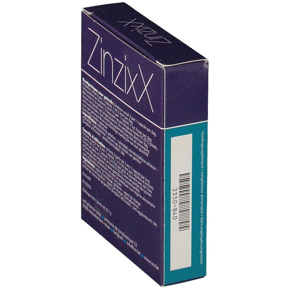 Confezione ZinzixX inclinata. Codice a barre e testo sul lato.