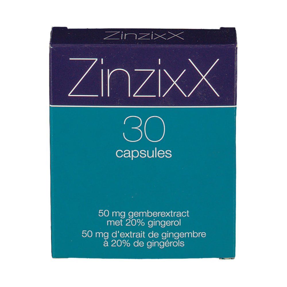 Vista frontale della confezione ZinzixX. 30 capsule. Colore blu-turchese.