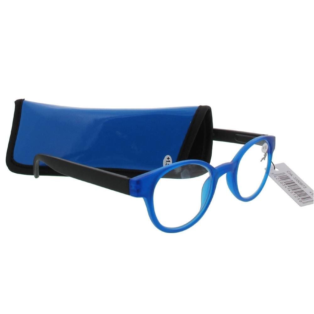 Occhiali blu con lenti rotonde e aste nere. Custodia blu. Etichetta con testo.