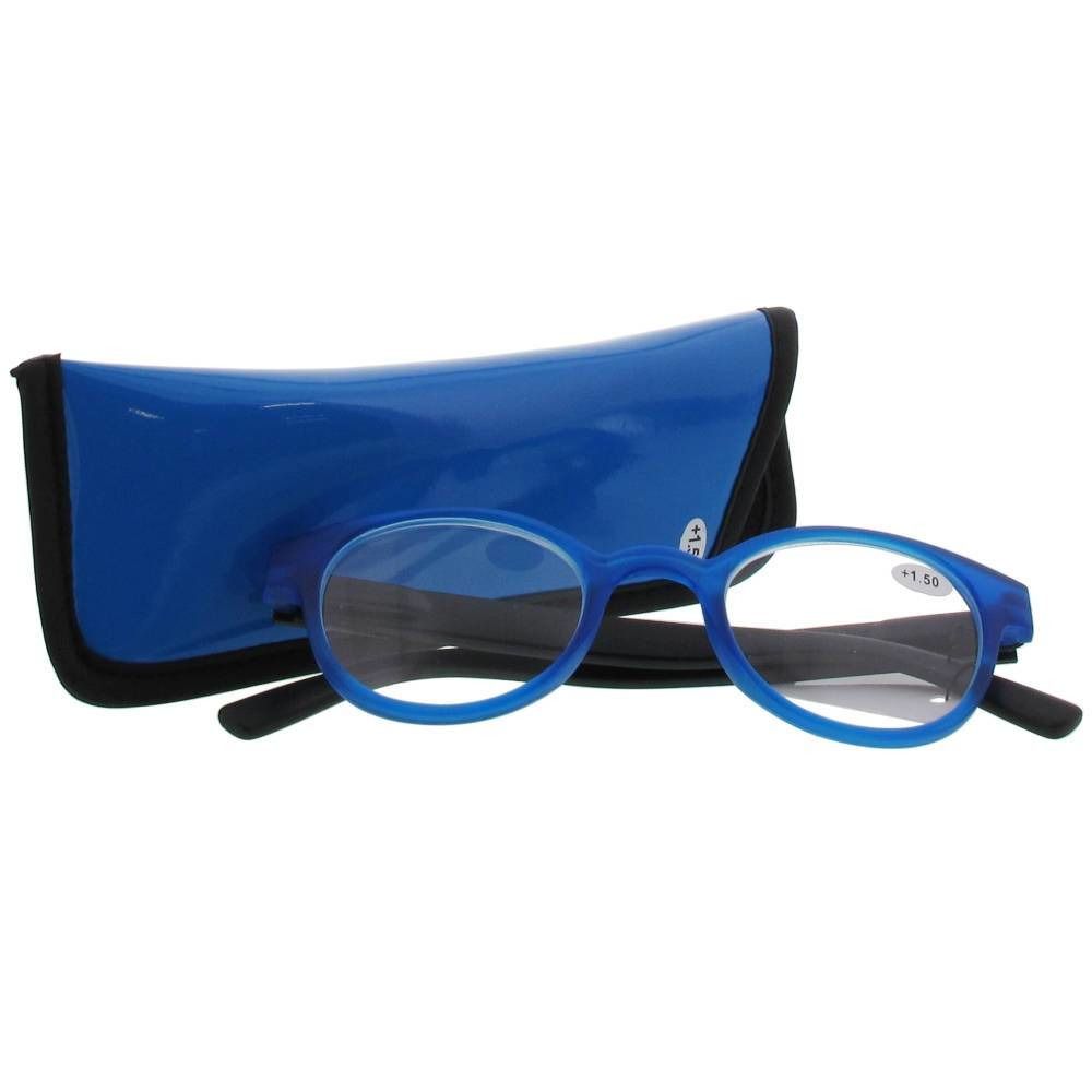 Occhiali blu con lenti rotonde e aste nere. Accanto a custodia blu.