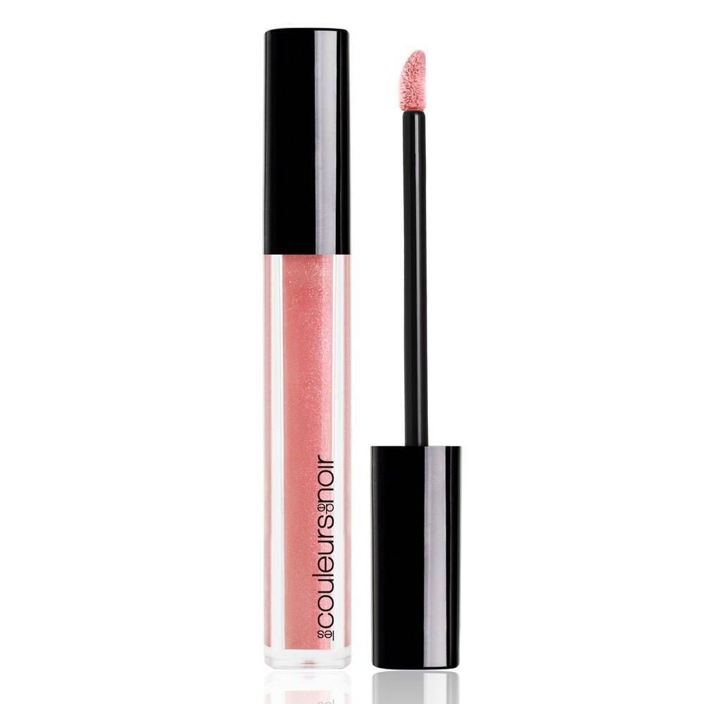 Flacone di lucidalabbra con tappo nero e applicatore. Contenuto rosa. Marchio: Les Couleurs de Noir.
