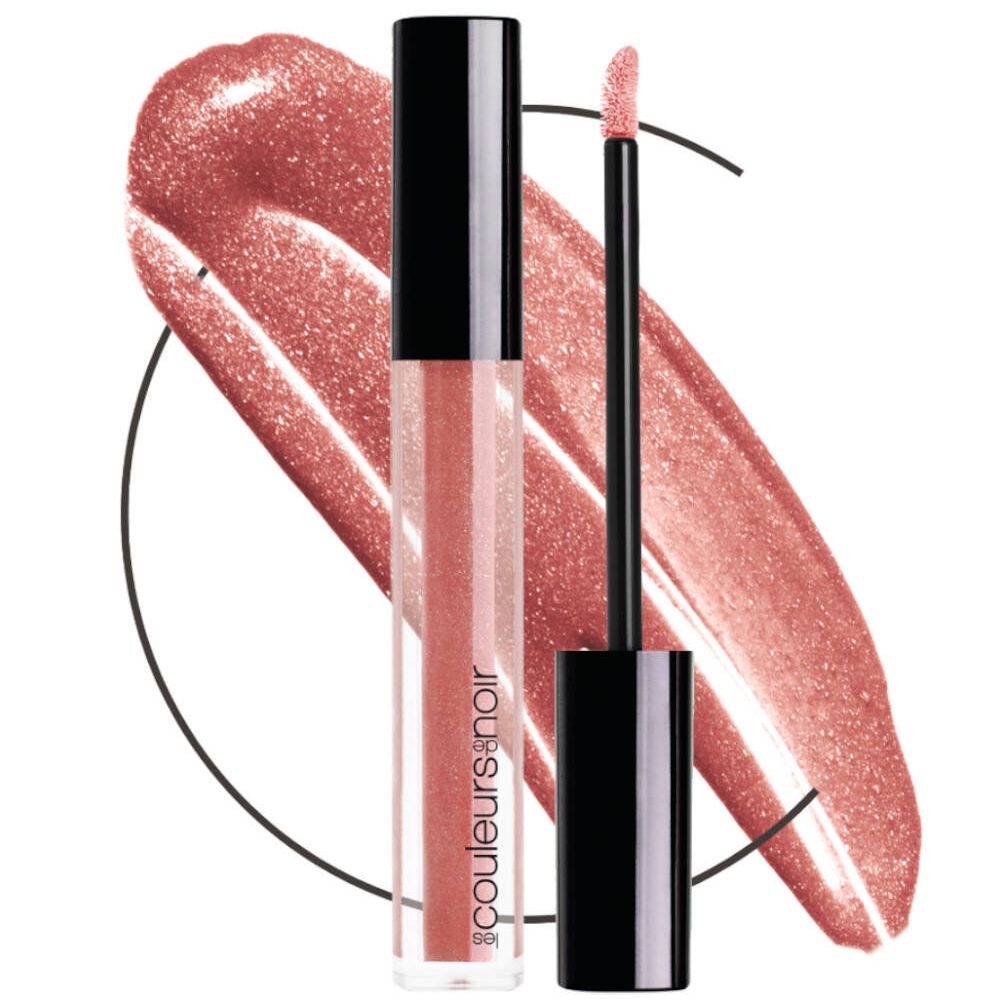Lucidalabbra con tappo e applicatore neri. Contenitore trasparente con contenuto rosa. Logo Les Couleurs de Noir.