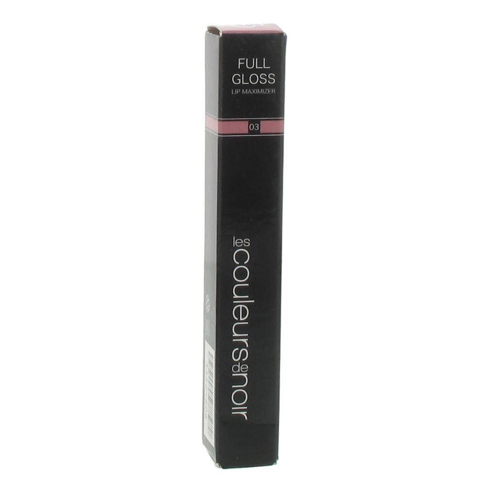 Confezione nera con informazioni sul prodotto. Logo Les Couleurs de Noir. Scritta Full Gloss Lip Maximizer 03.